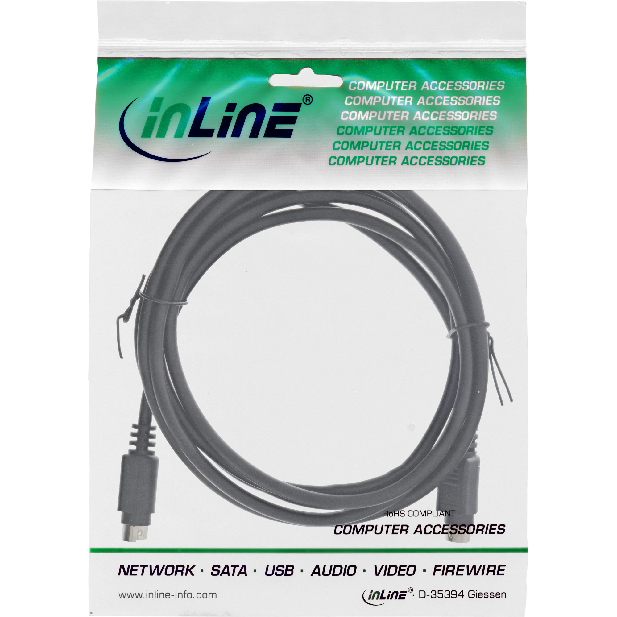 Ein schwarzes Kabel mit Steckern, verpackt in einer transparenten Plastiktüte mit gedruckten Produktdetails.