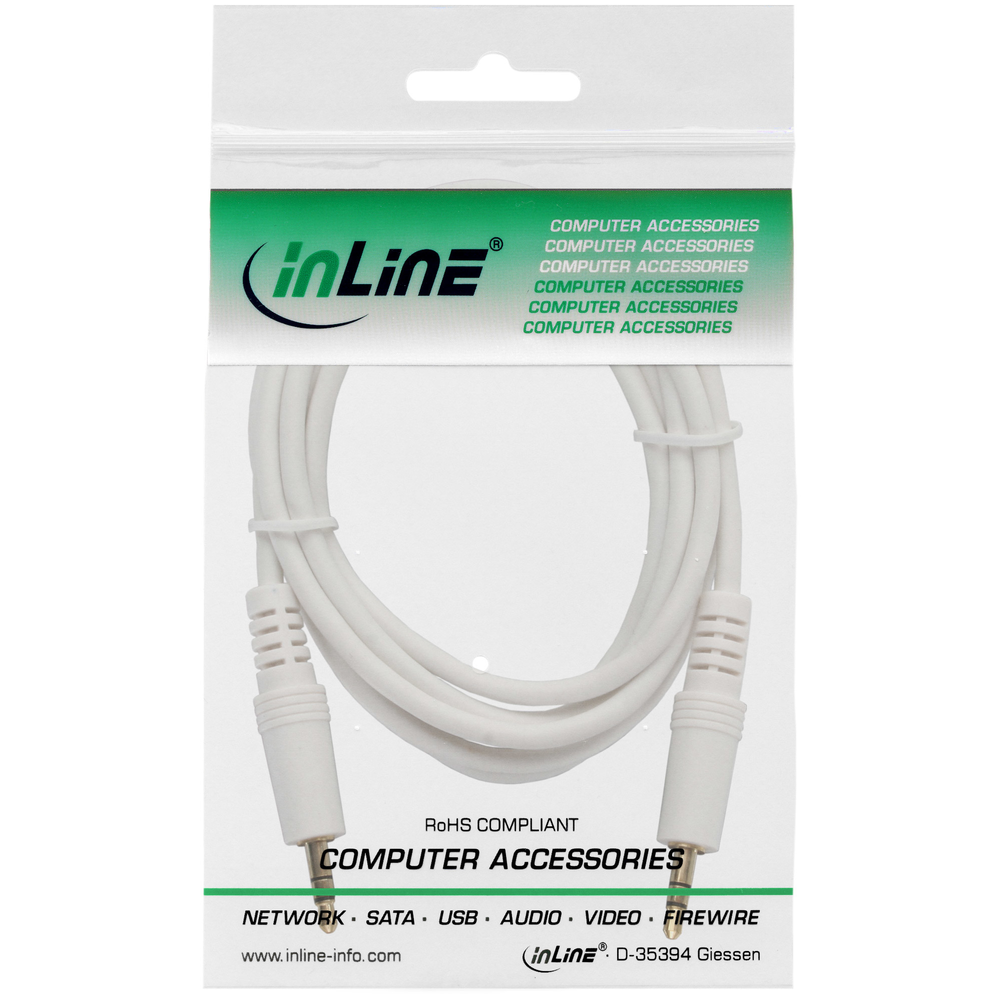 INLINE InLine® Klinke Kabel, 3,5mm Stecker / Stecker, Stereo, weiß / gold, 2,5m Kabel Audio- / Videokabel, Audio- / Videokabel diverse, 2,50 m