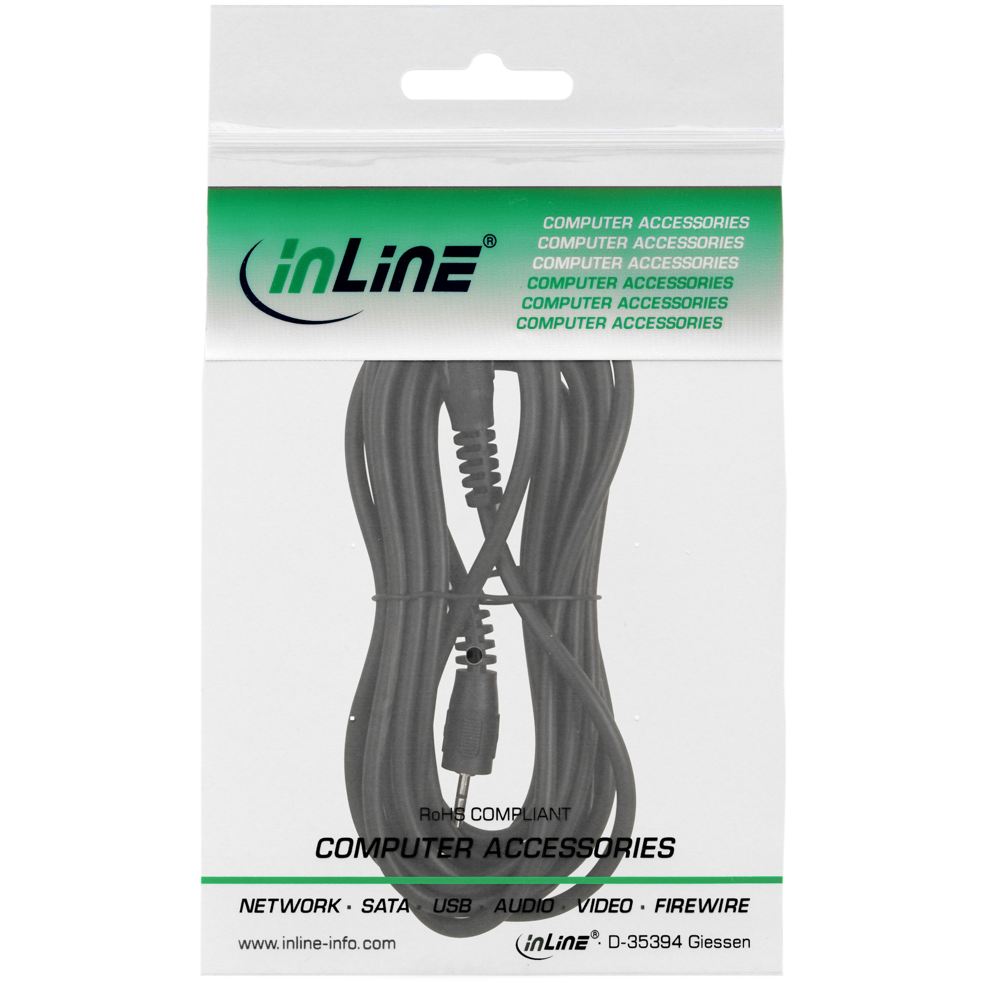 Schwarzes Kabel in Plastikverpackung. "inLine"-Logo auf grünem Banner. "Computer Zubehör" steht da.