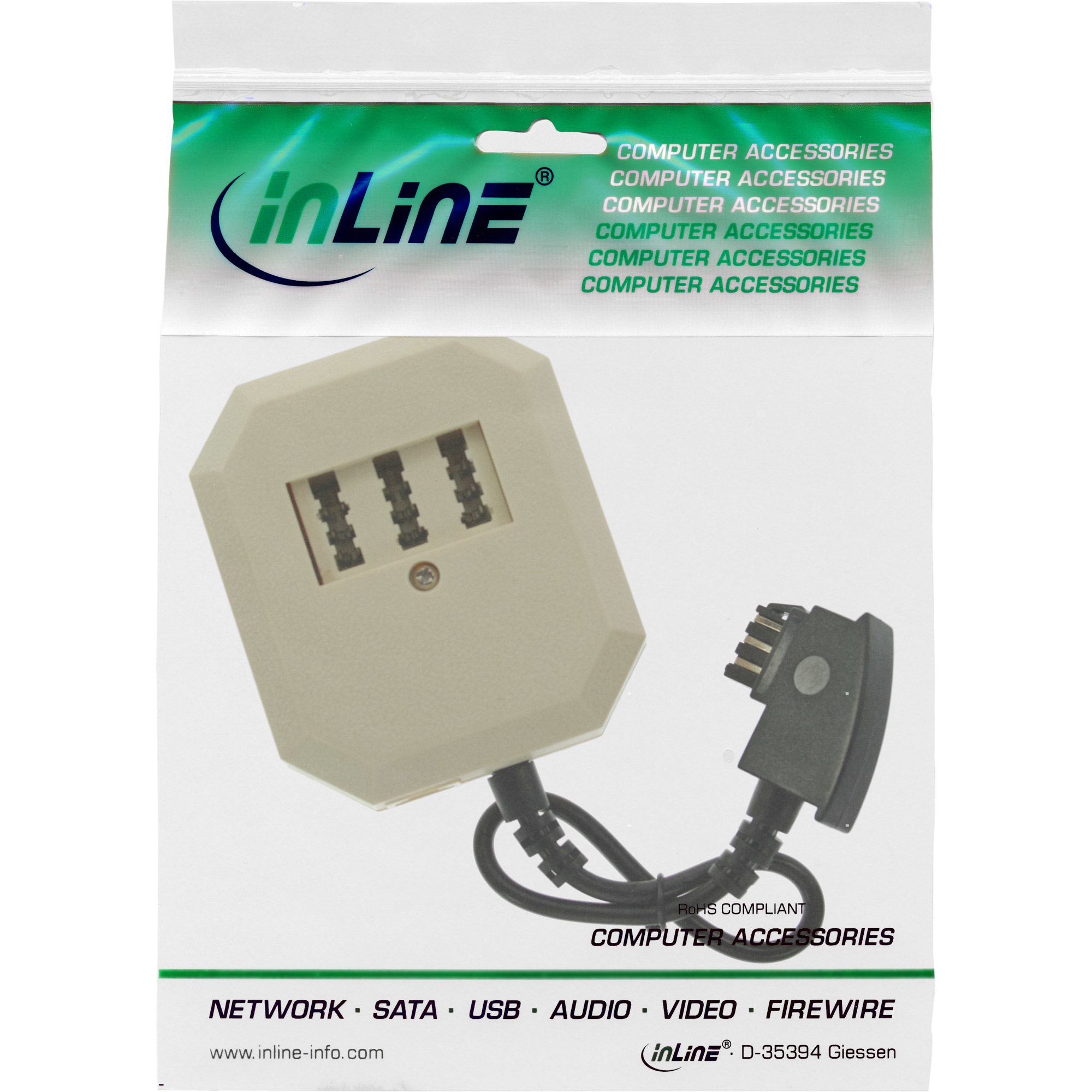 Un accessorio per computer in una busta di plastica trasparente con un'etichetta con il logo inline.