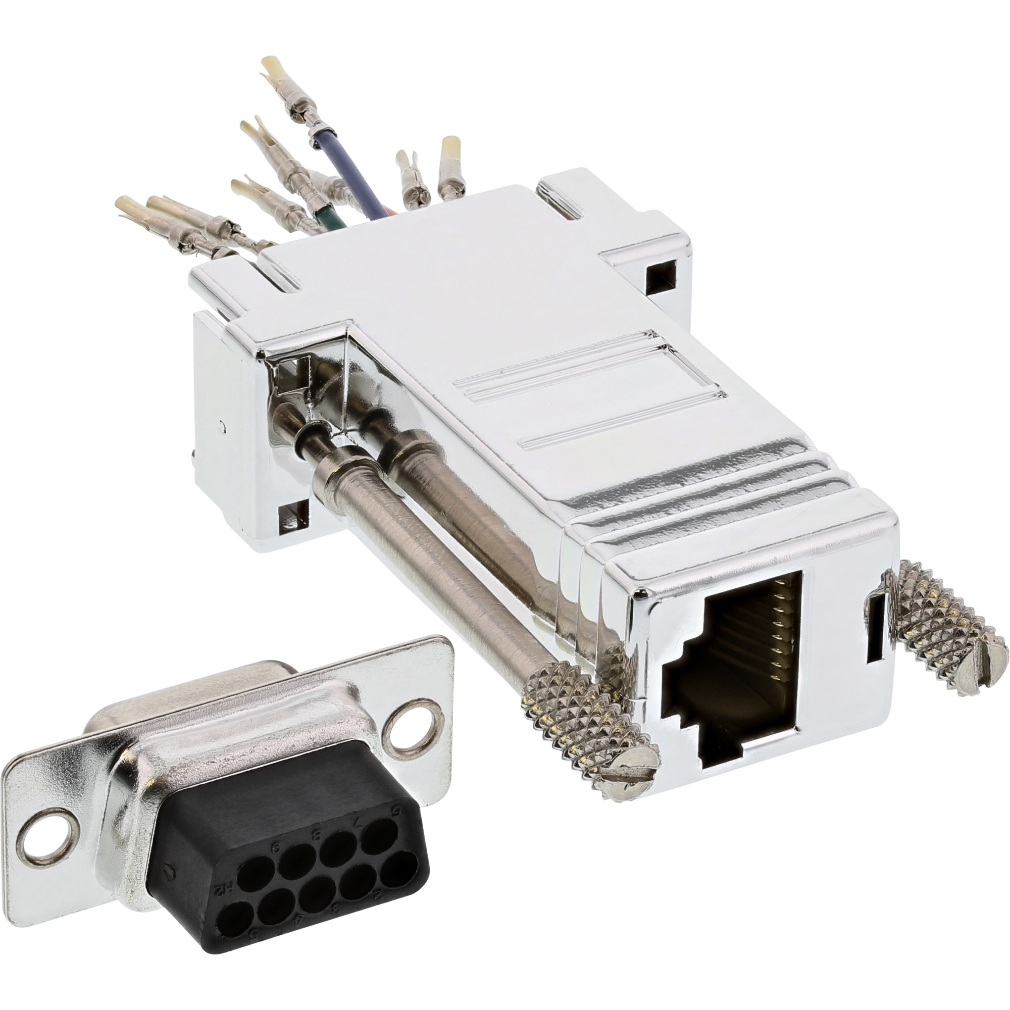 Ein silberfarbener Stecker mit mehreren Pins und einem Anschluss, daneben ein schwarzer Stecker.