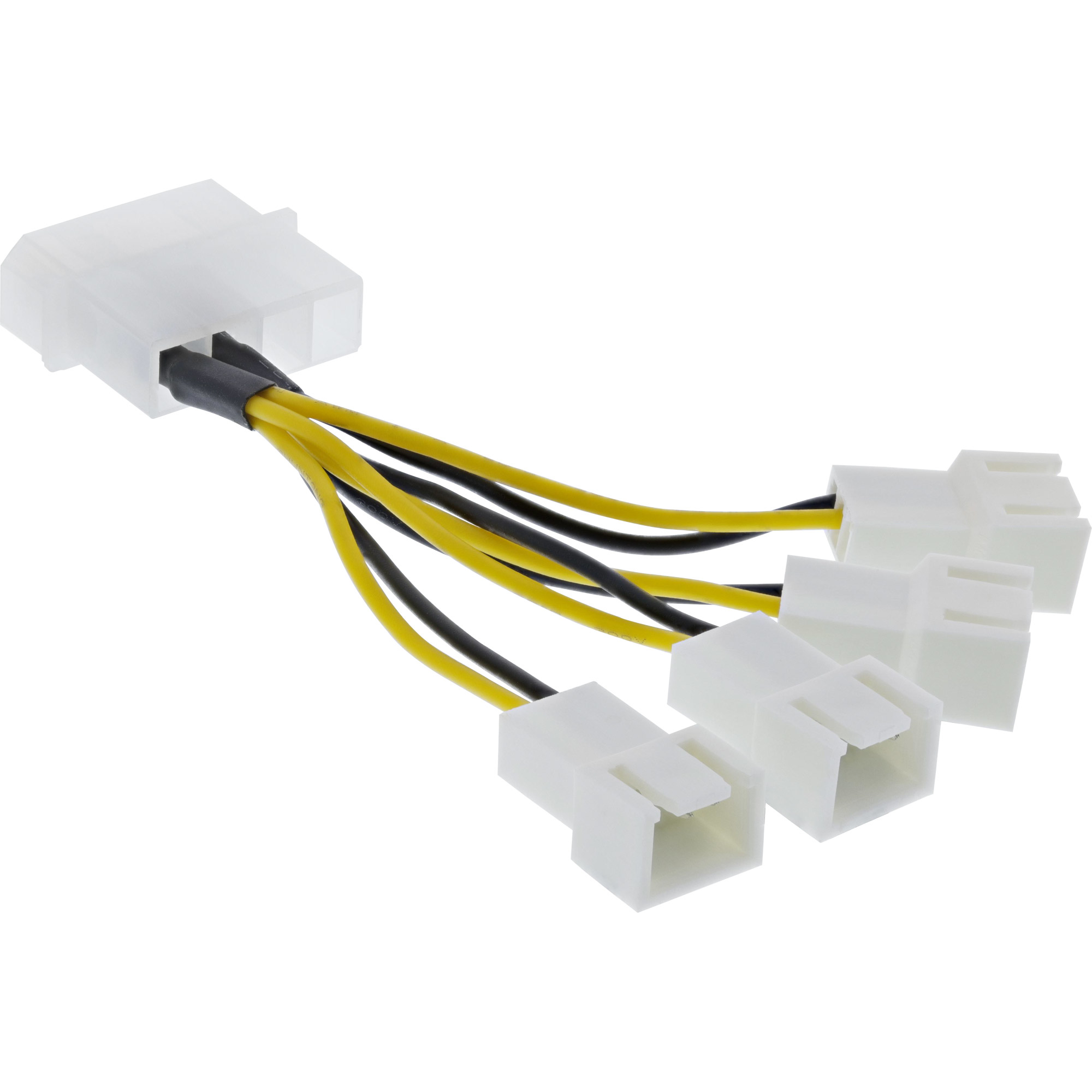 Weißes Mehrfachkabel für einen Computer. Gelbe und schwarze Drähte erstrecken sich von einer weißen Basis.