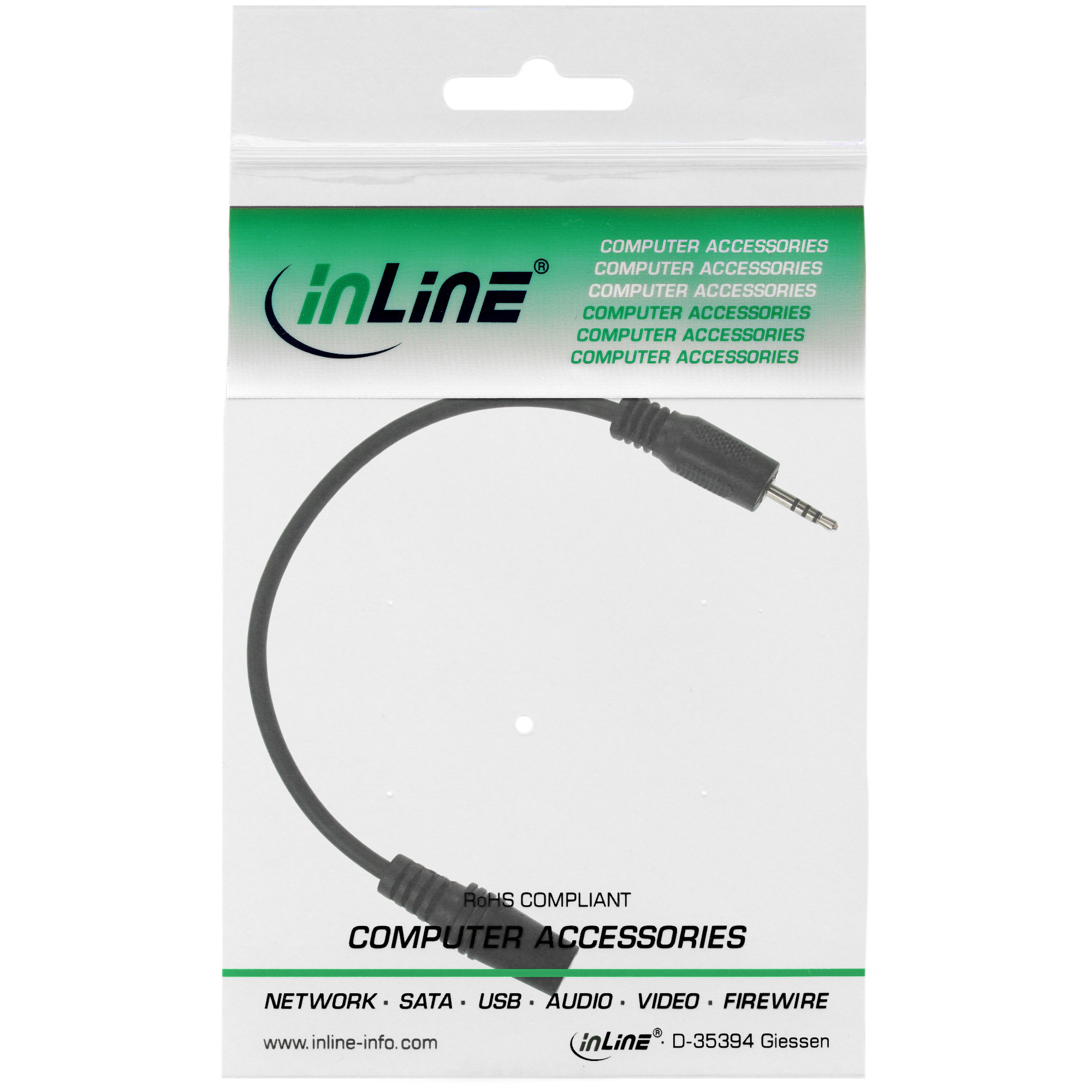Schwarzes Kabel mit 3,5-mm-Klinke und transparente Plastikverpackung mit Text.