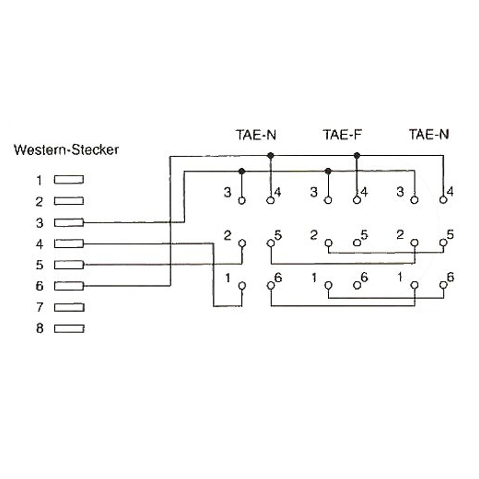 Schaltplan mit Western-Stecker und TAE-N, TAE-F Anschlüssen.