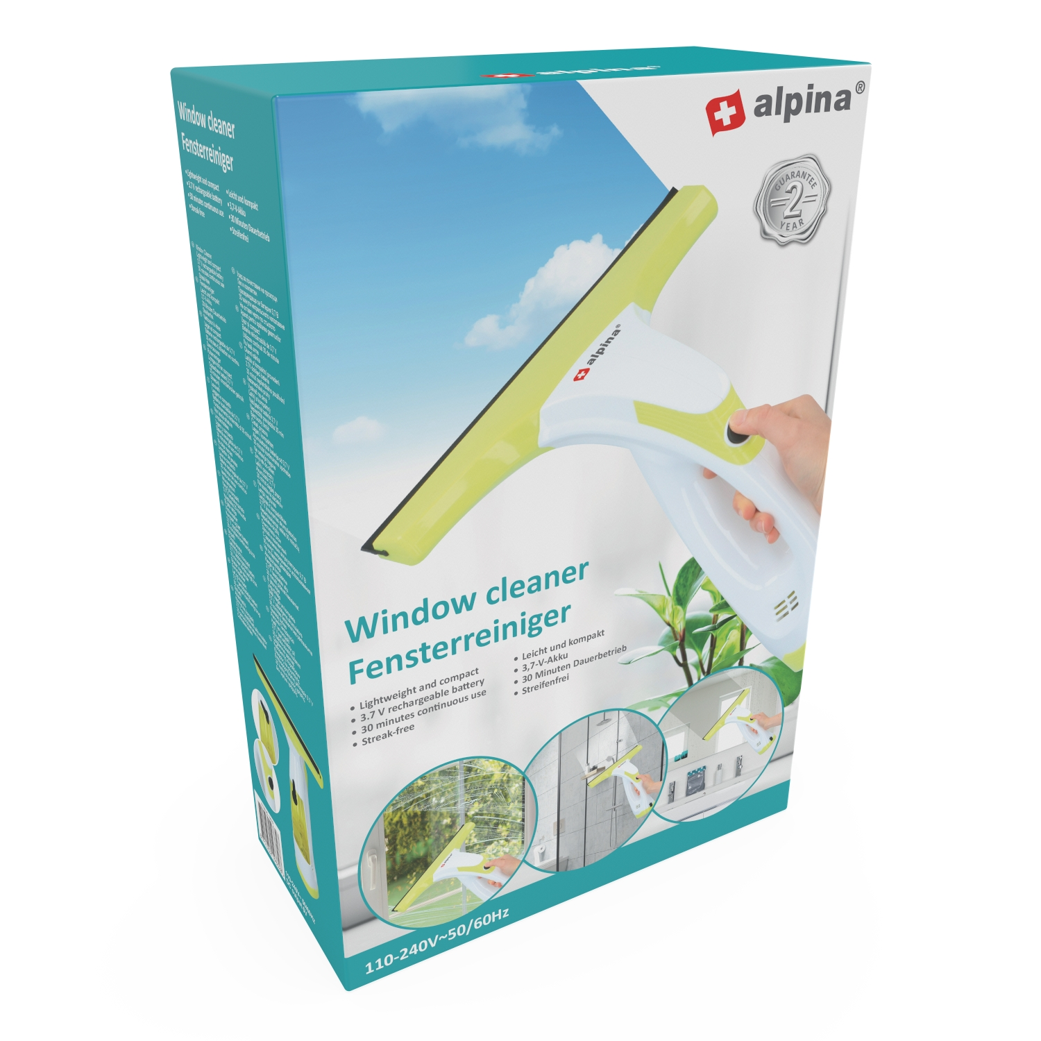 Fensterreiniger-Box. Weißer und grüner Reiniger innen. Blauer Himmelshintergrund.
