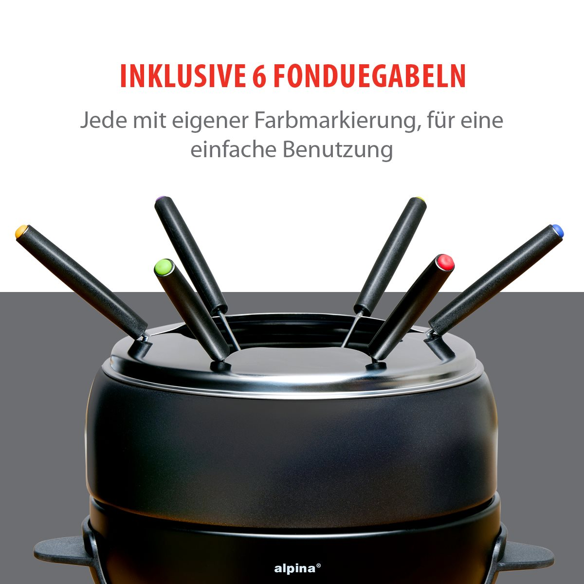 Ein schwarzer Fonduetopf mit sechs Fonduegabeln mit unterschiedlich farbigen Griffen.