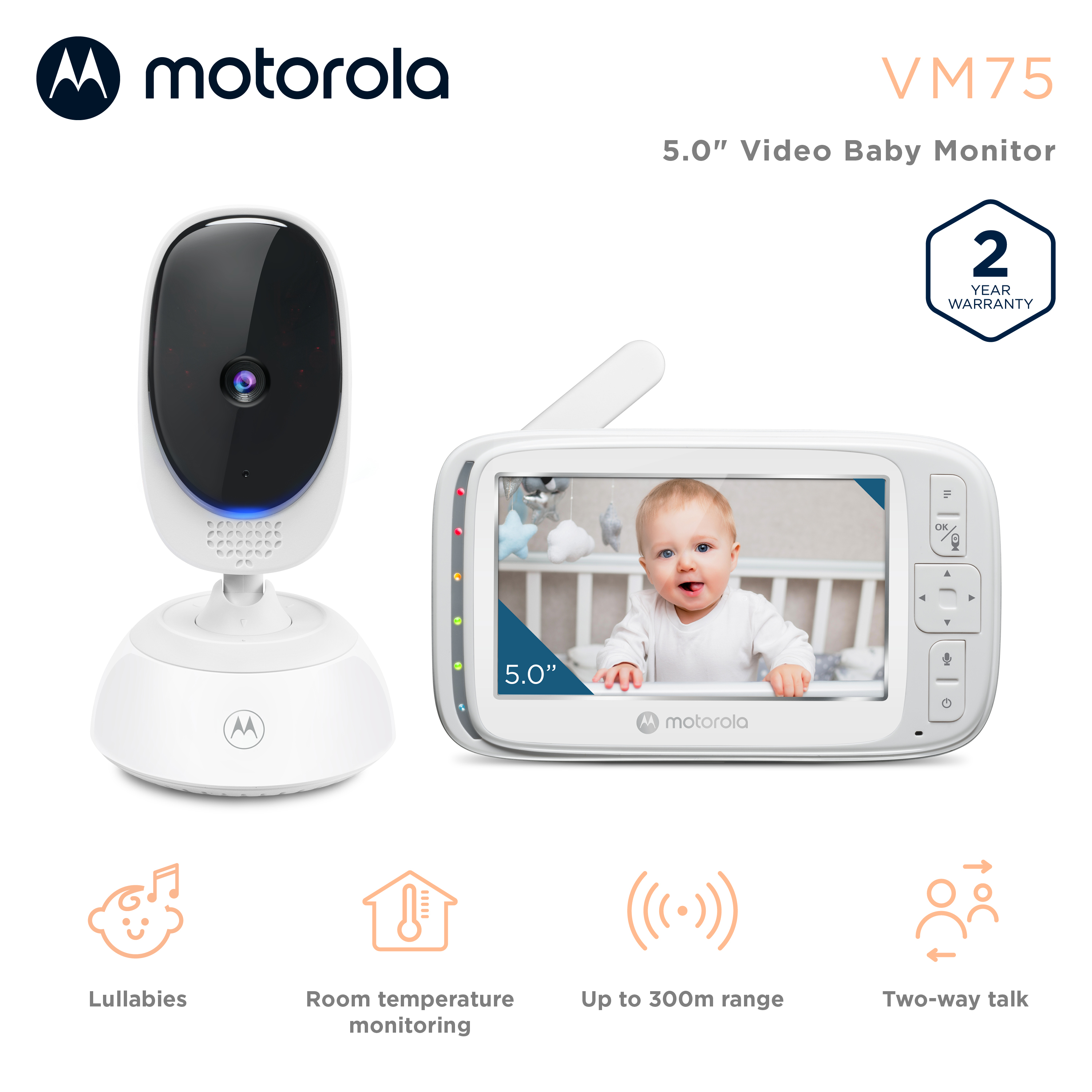 Ein Motorola Babyphone mit Kamera und Bildschirm, der ein Baby zeigt. Symbole werden angezeigt.