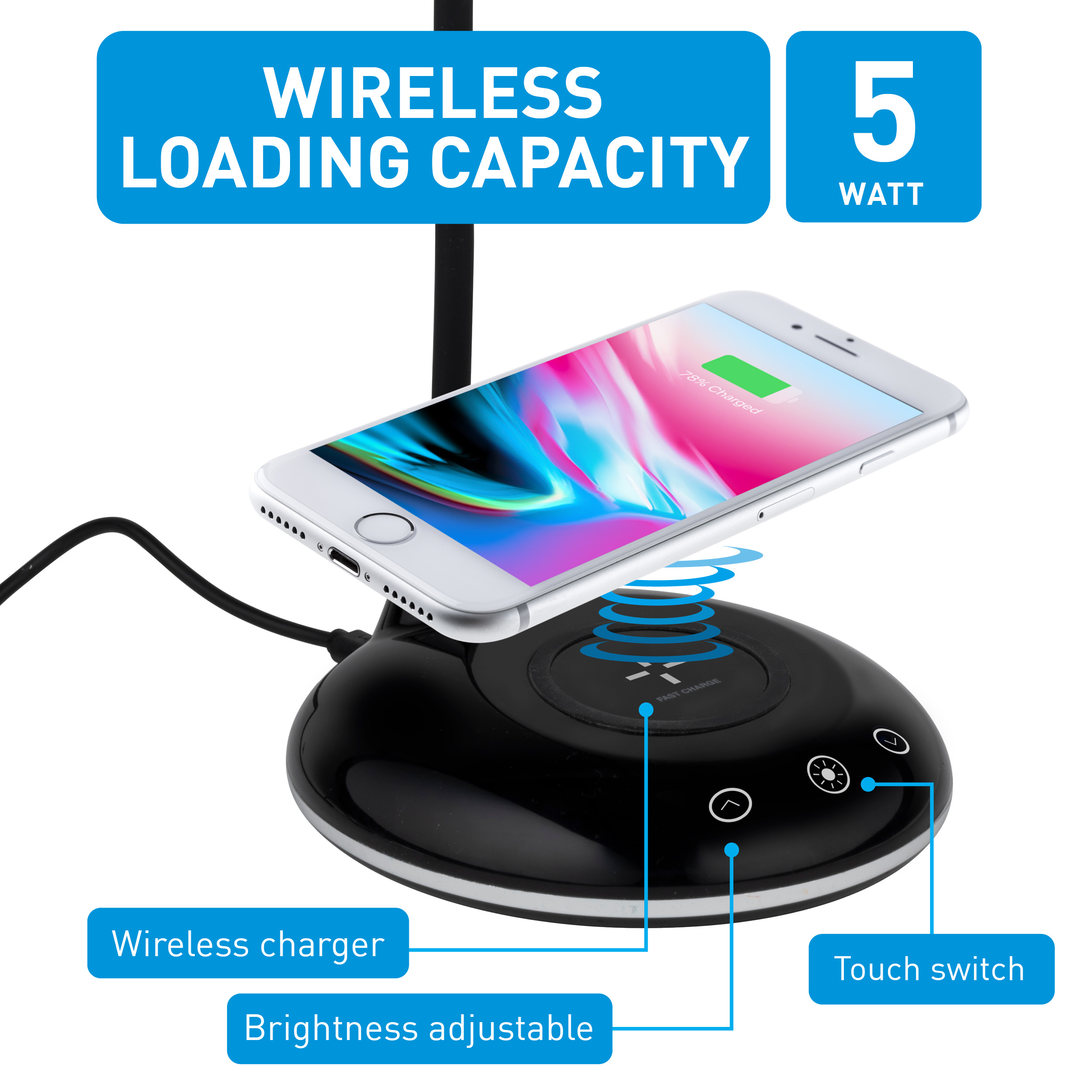 Draadloze oplader met een telefoon erop en tekstlabels.
