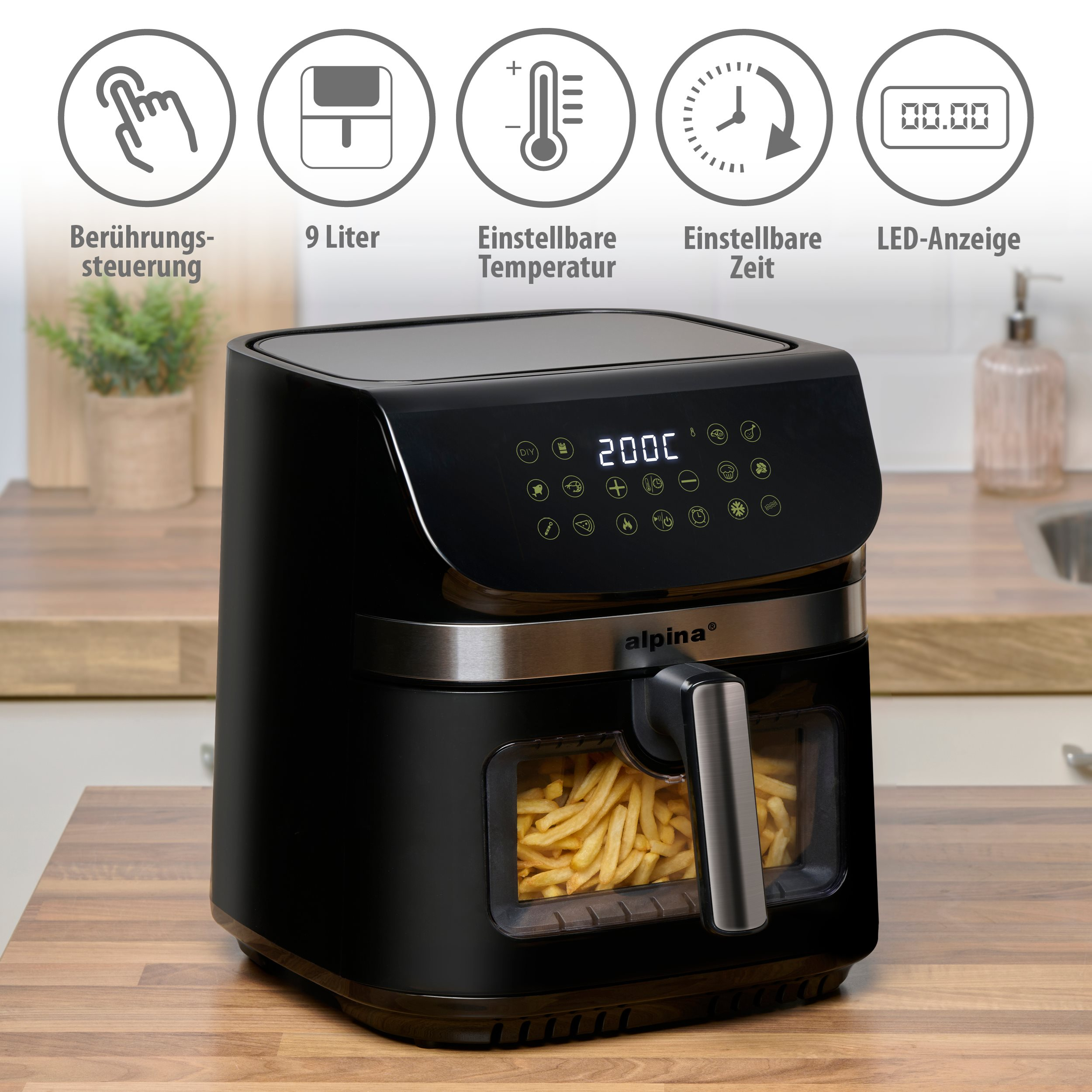 Alpina Air Yer 6L - Airyer Pour 4 à 6 Personnes - Iteuse Sans Huile Avec Temperature Reglable De 80c A 200c Friteuse Electrique Avec Minuterie Jusqu A 60 Minutes Noir