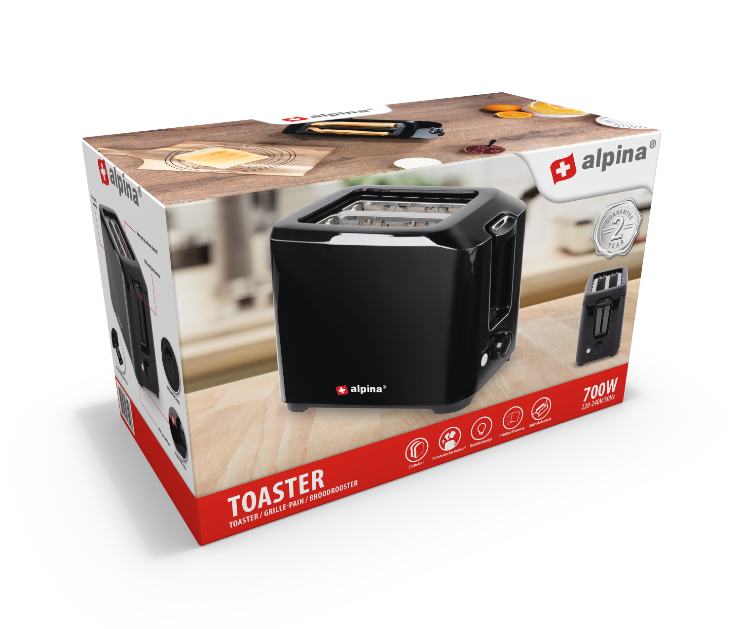 A black toaster in its box. The box shows the toaster, a slice of toast, and product features.