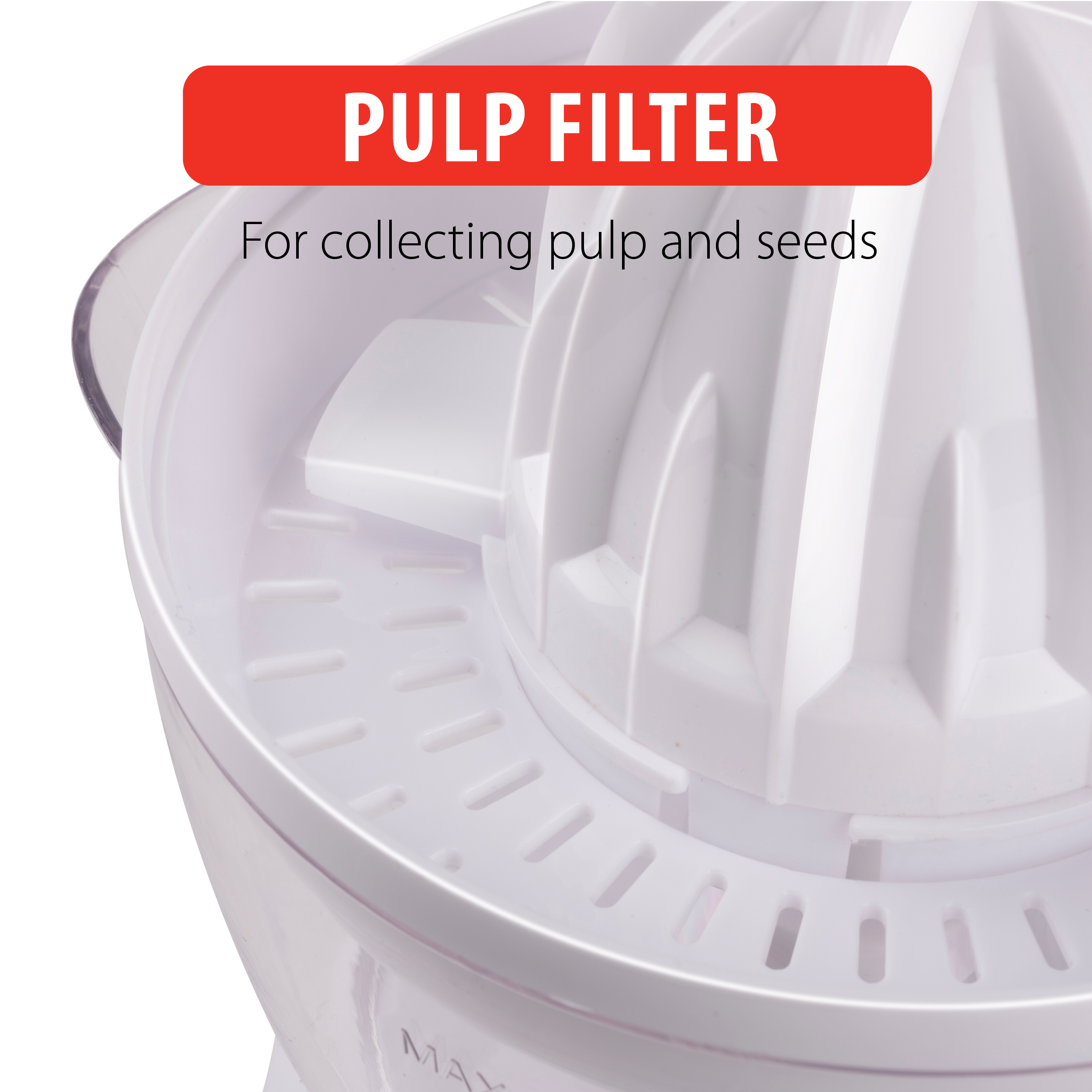 Nahaufnahme eines weißen Entsafters mit dem Wort „Pulp Filter“ darauf.