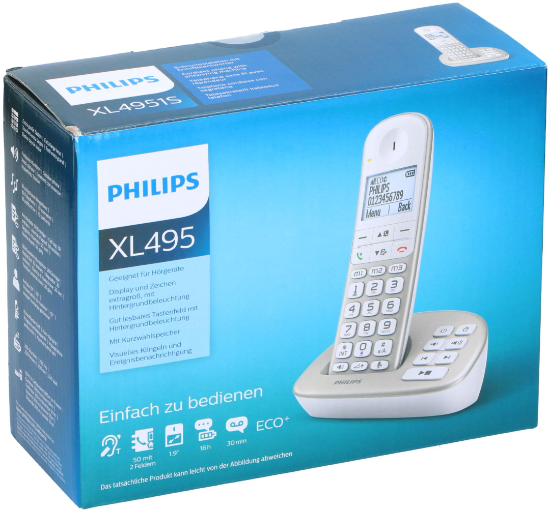 Schnurloses Telefon von Philips in der Box. Telefon ist weiß, mit Bildschirm und Zifferntasten. Text: Einfach zu bedienen.