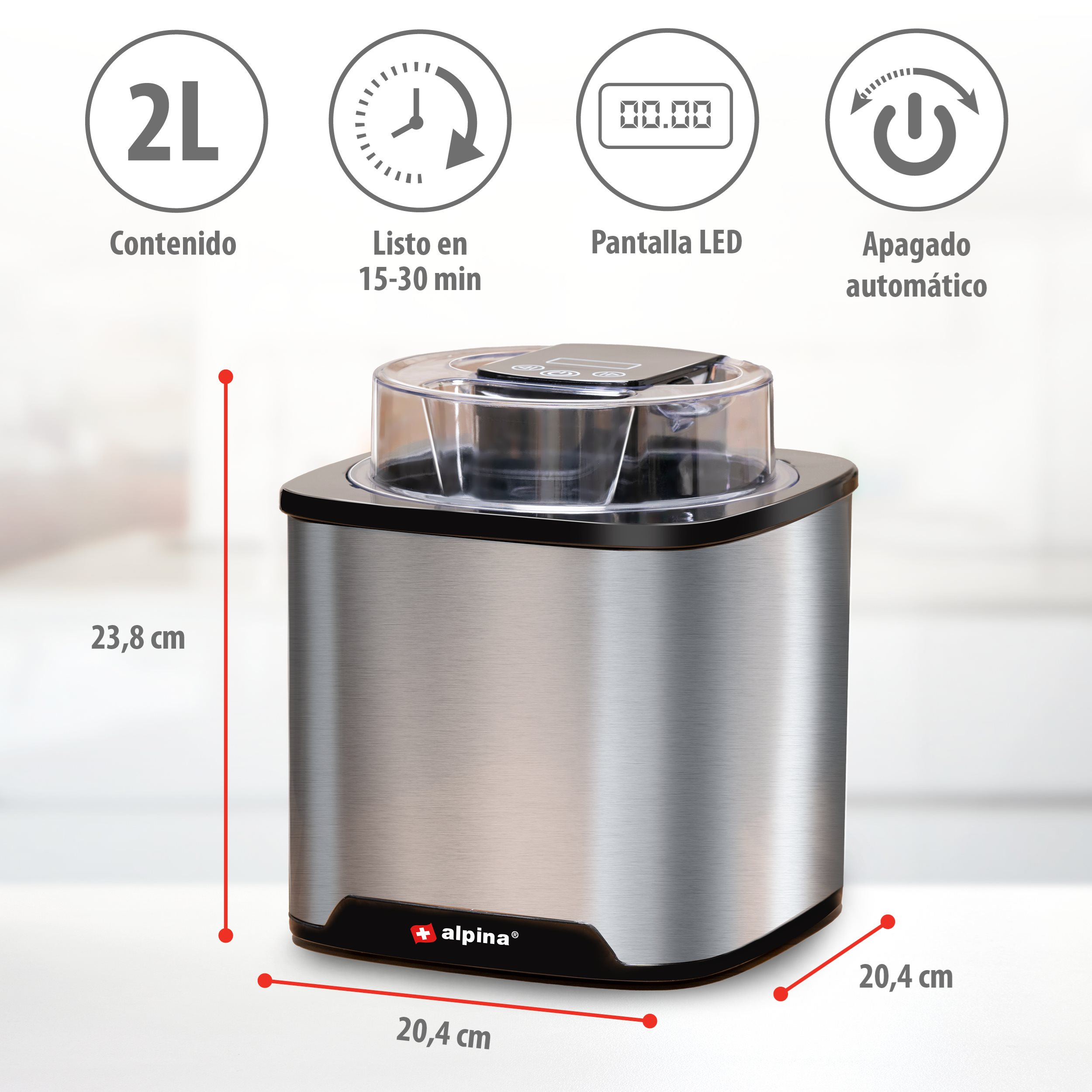 A stainless steel ice cream maker with dimensions and a lid. Icons show features like timer and auto shut-off.