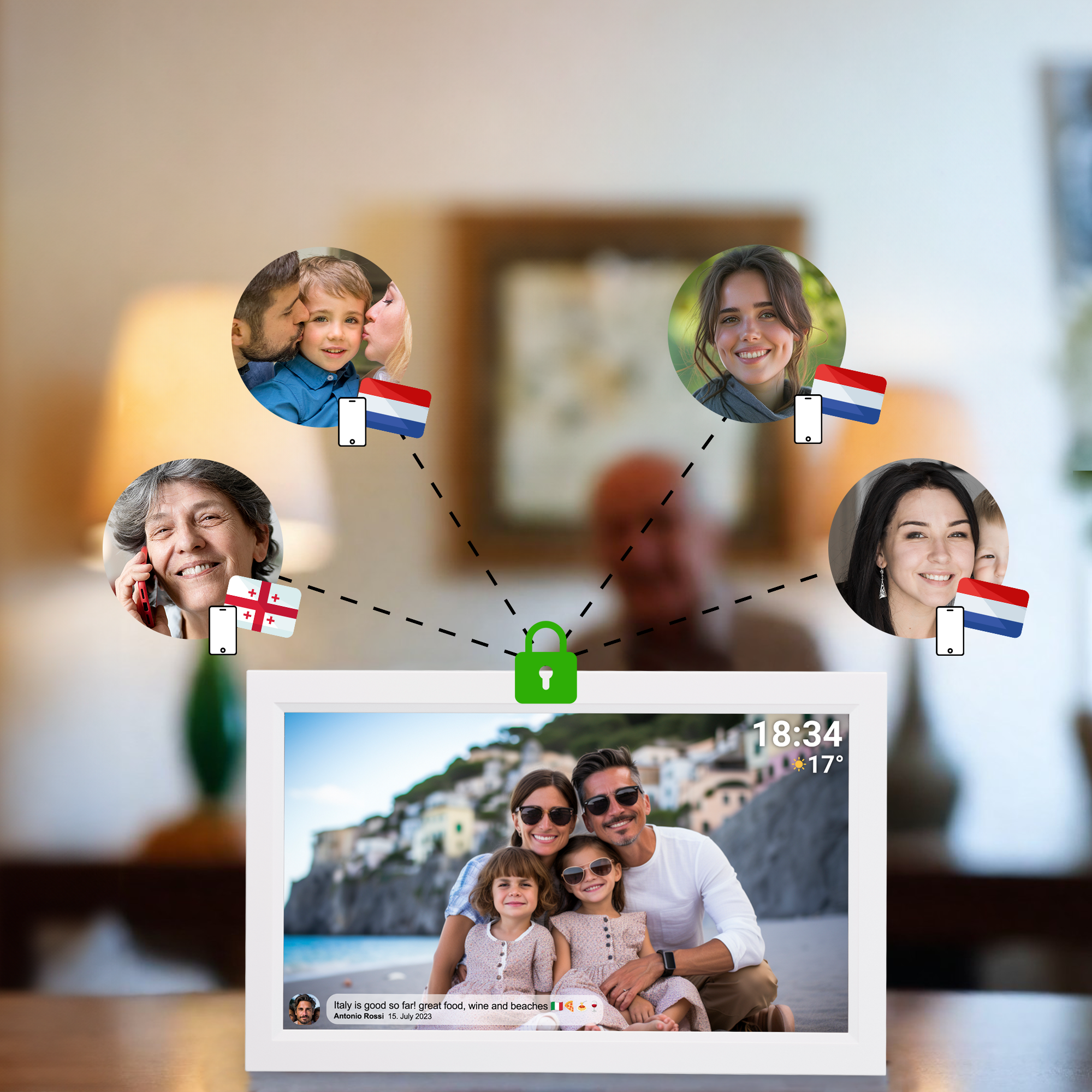 Un cadre photo numérique avec des photos de famille et des drapeaux de différents pays. Appels.