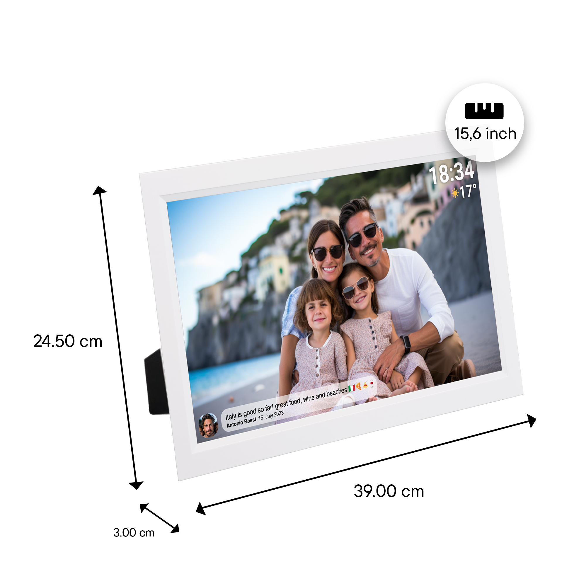Un cadre photo numérique blanc affichant une photo de famille avec dimensions et texte.