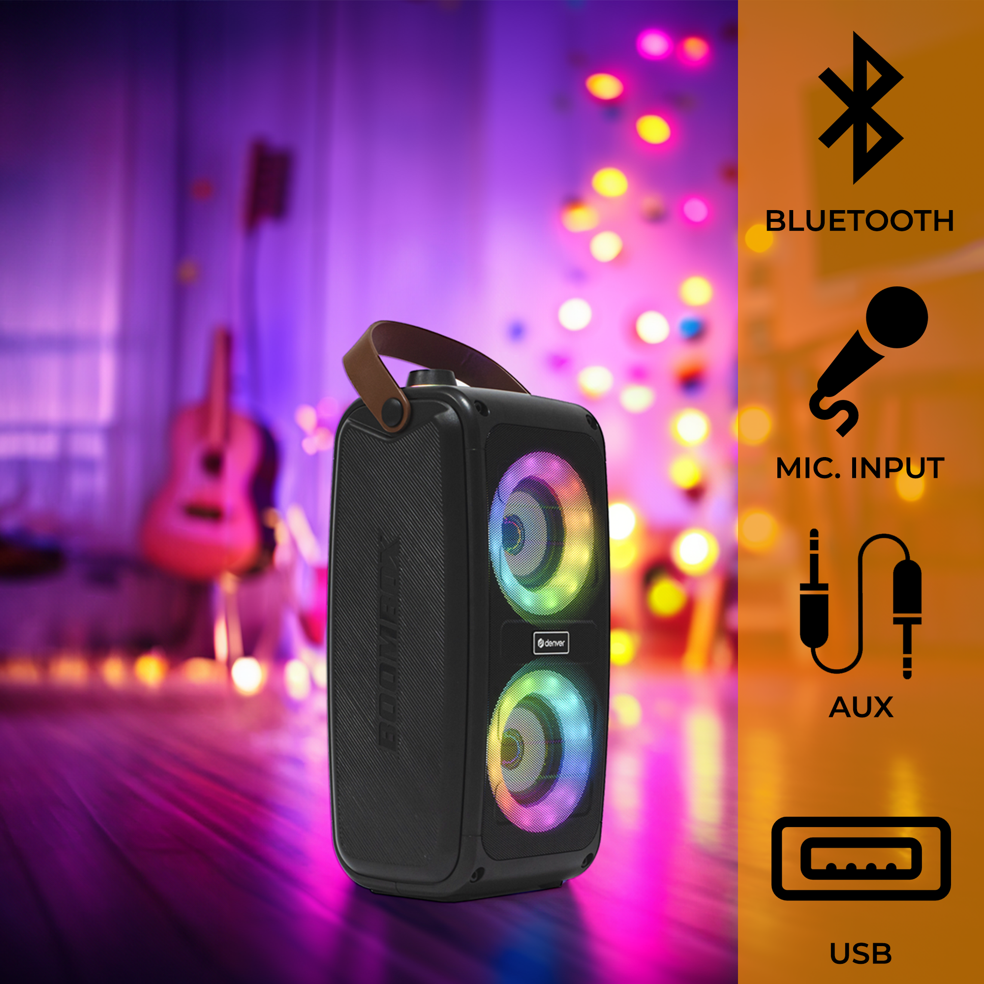 Un haut-parleur noir avec des lumières colorées, des icônes pour Bluetooth, entrée micro, AUX et USB.