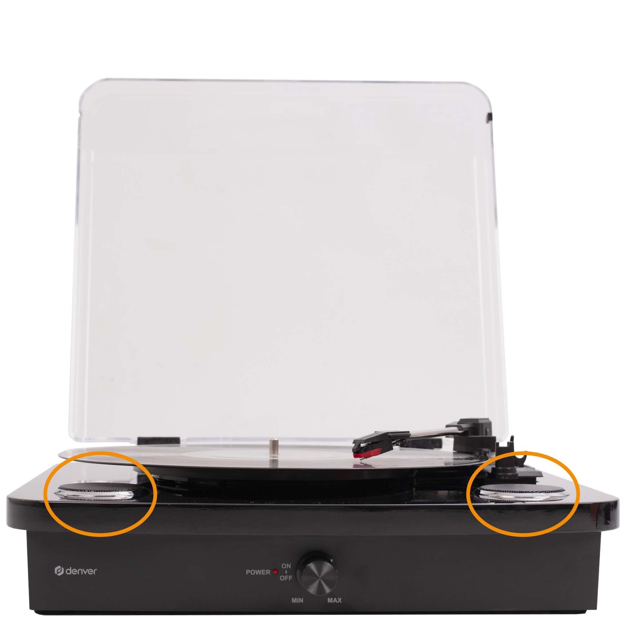 Czarny gramofon z przezroczystą osłoną i dwoma podświetlonymi srebrnymi dyskami.