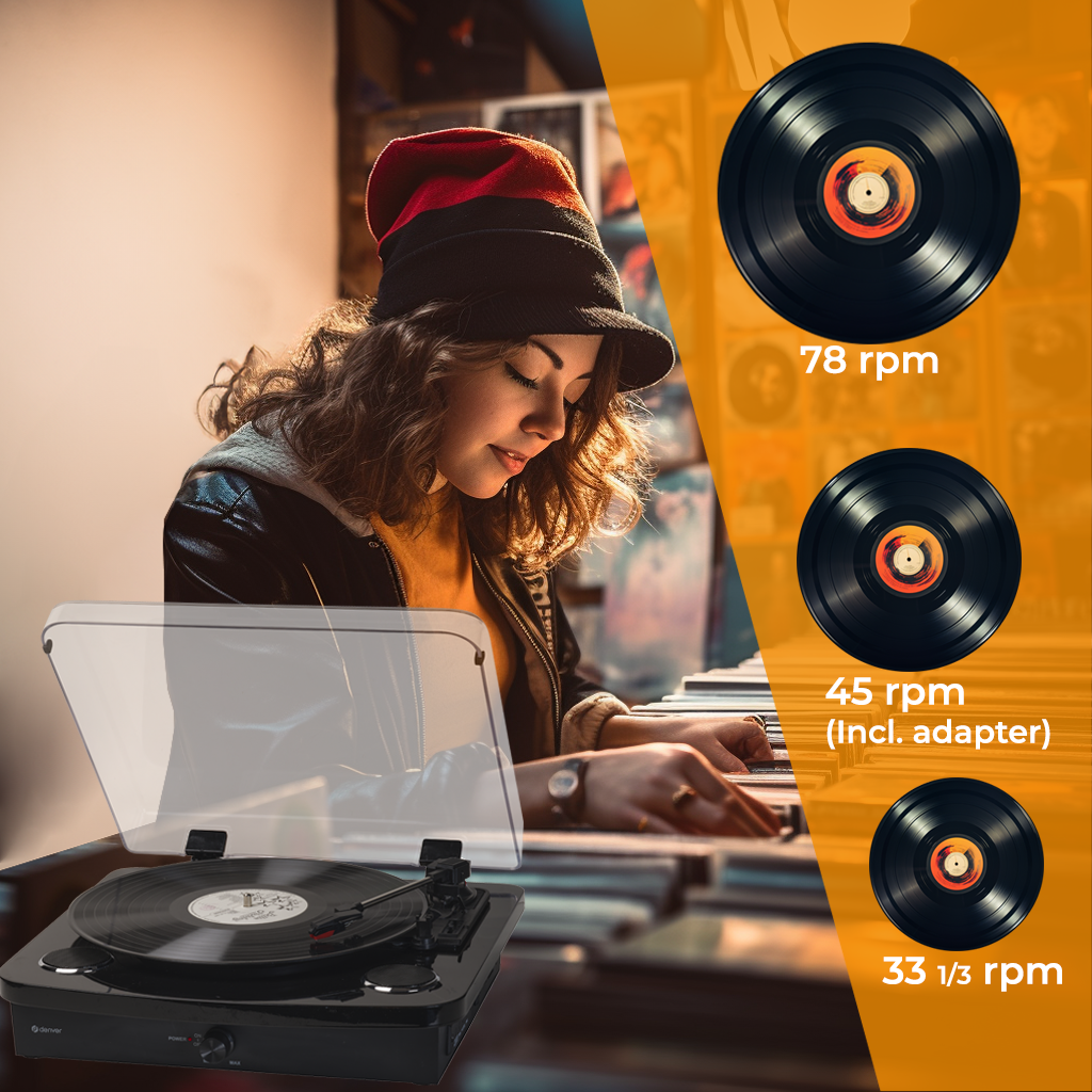 Kobieta używa gramofonu z trzema płytami winylowymi obok, każda pokazuje prędkość.