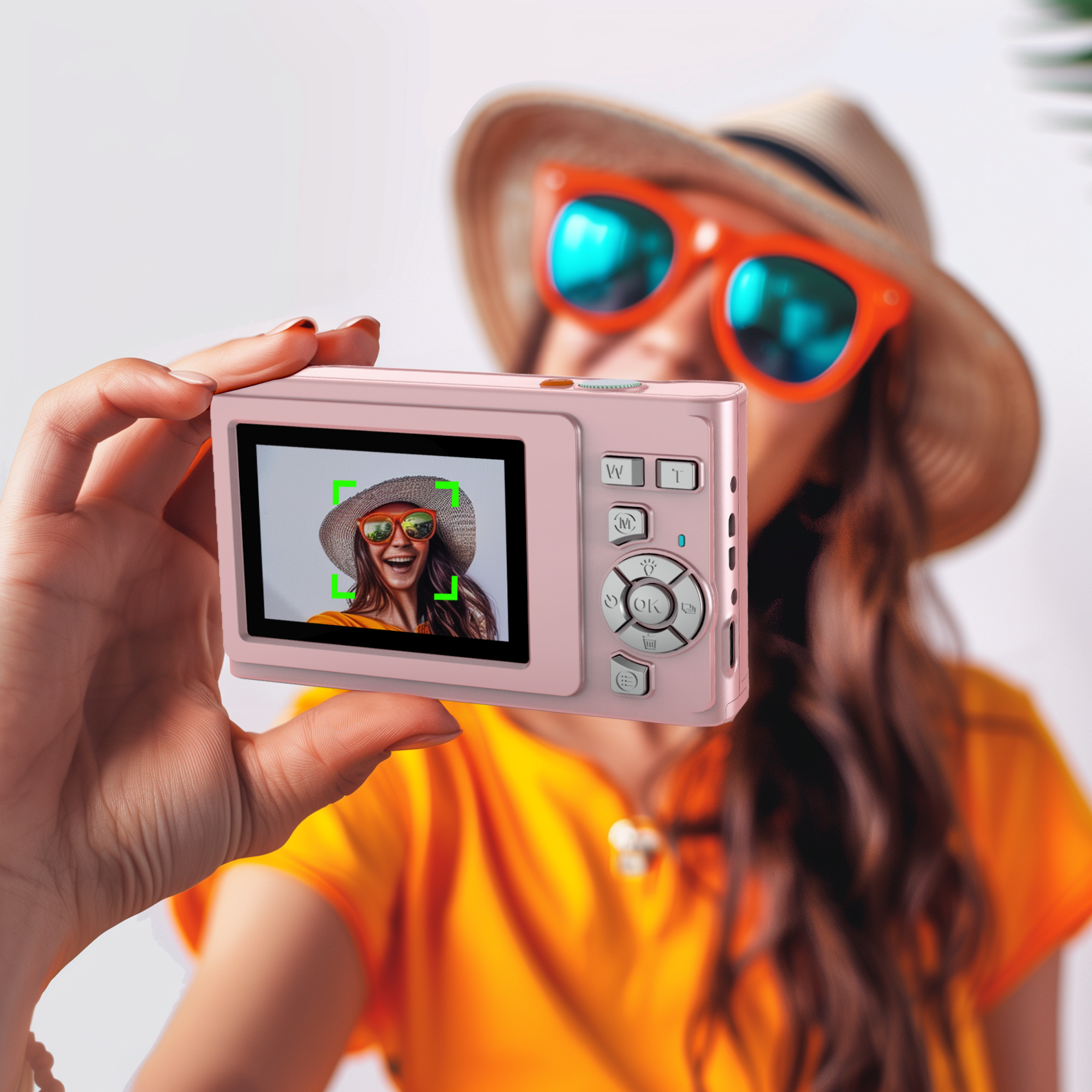 Kobieta trzymająca różowy aparat, robiąca selfie. Nosi okulary przeciwsłoneczne i kapelusz.