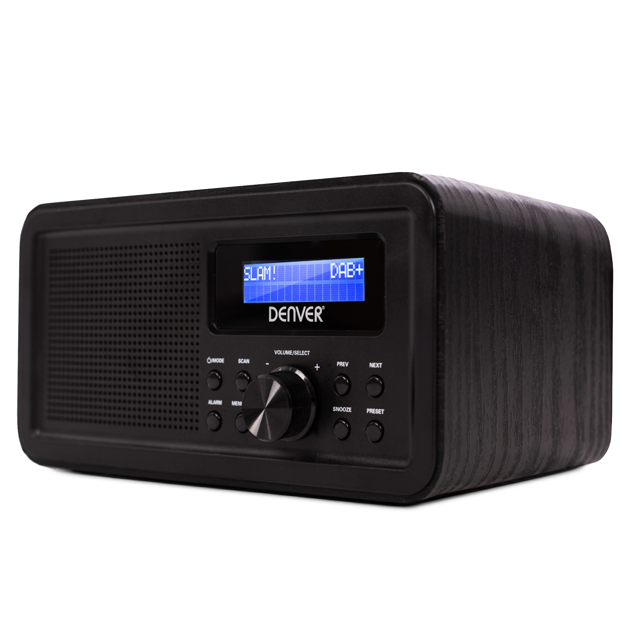 Czarny radioodbiornik o wyglądzie drewna z niebieskim wyświetlaczem, przyciskami i pokrętłem głośności.