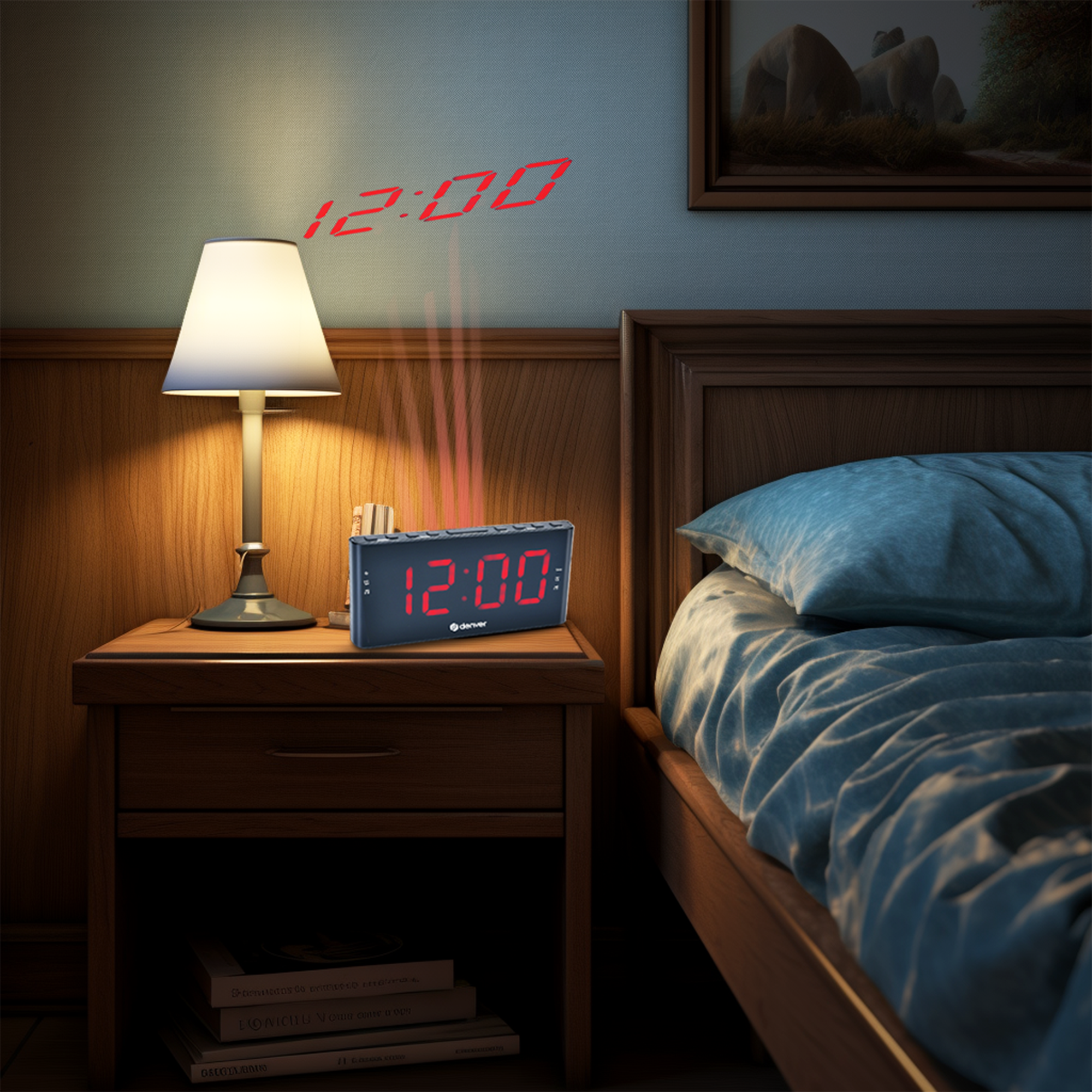 Bedroom scene with a digital alarm clock displaying 12:00, bedside table, lamp and bed.