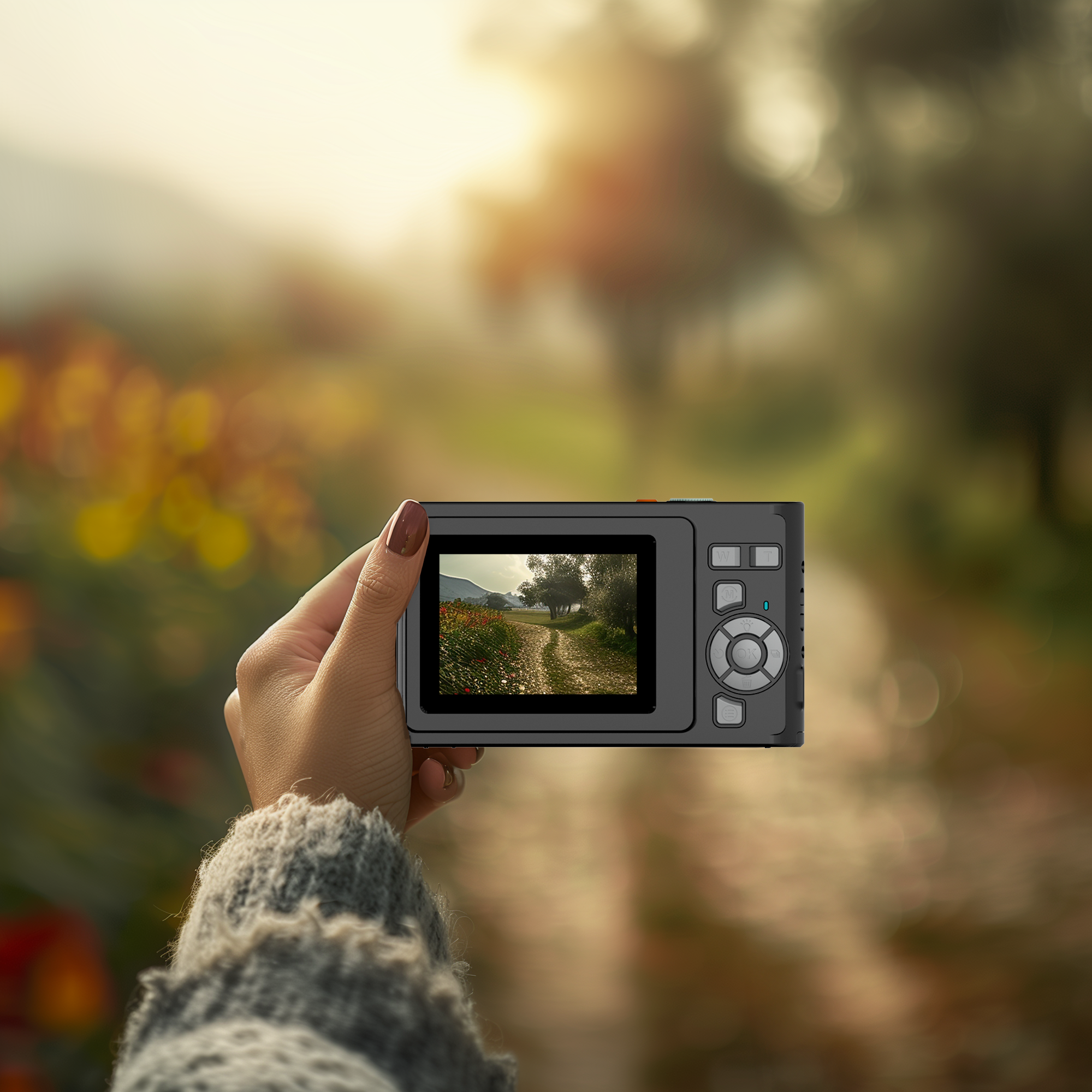 Een hand houdt een grijze camera vast, die een pad en bomen op het scherm toont, in een wazige buitenscène.