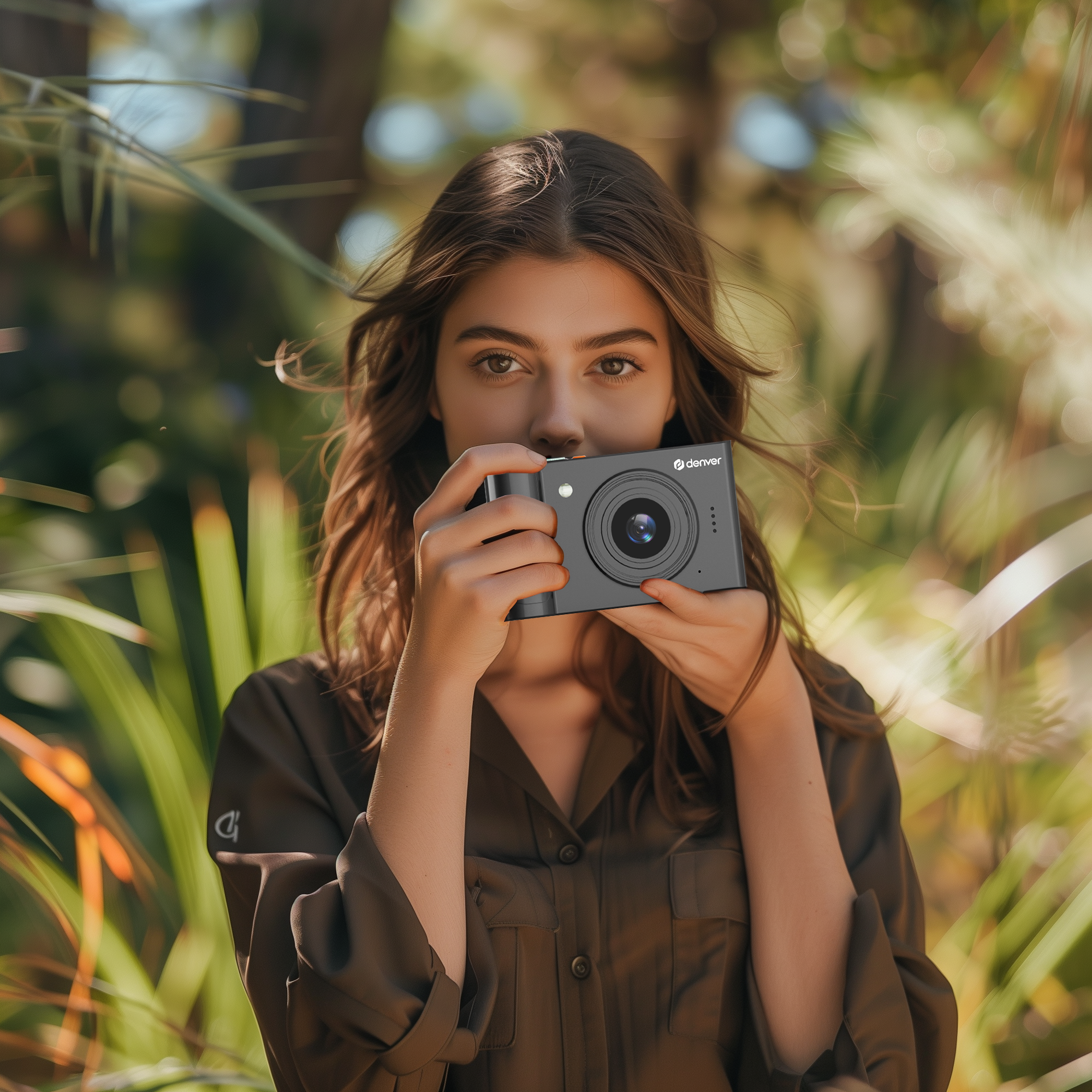 Vrouw die een zwarte camera met lens vasthoudt, omringd door groen gebladerte.