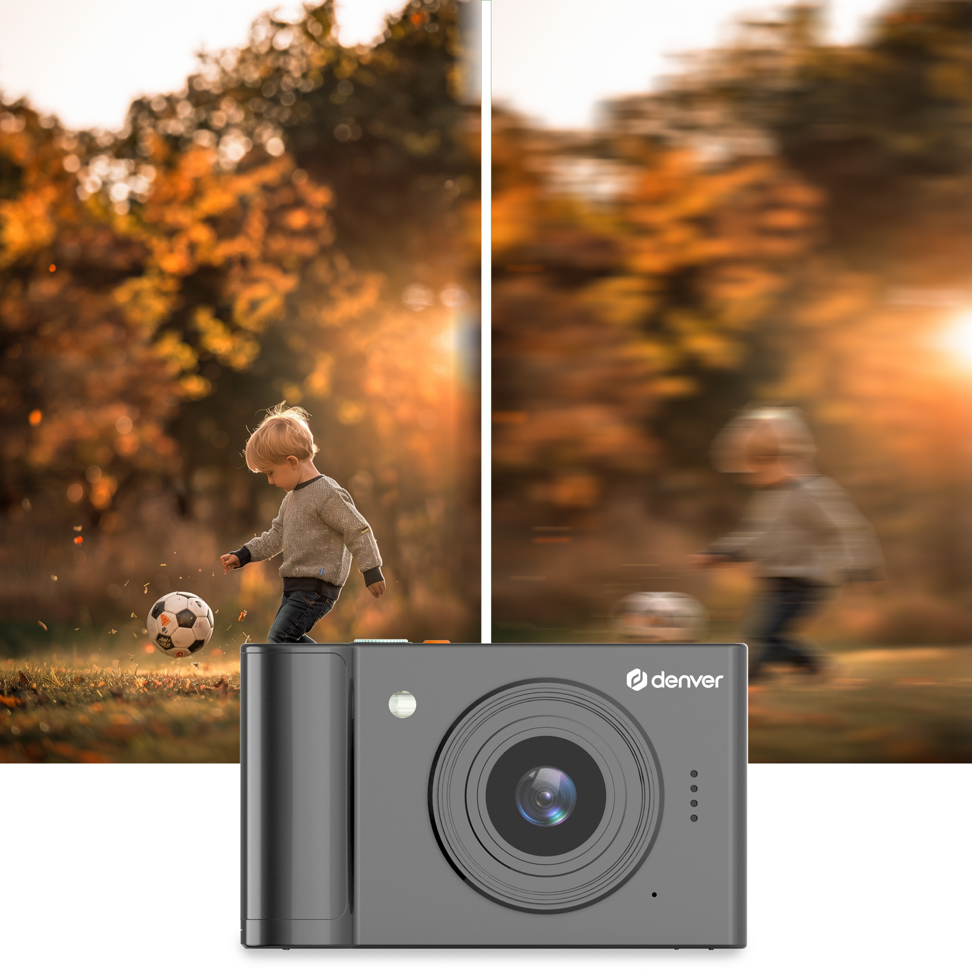 Een kind dat tegen een voetbal trapt. Op de voorgrond een camera. Vage achtergrond van bomen.