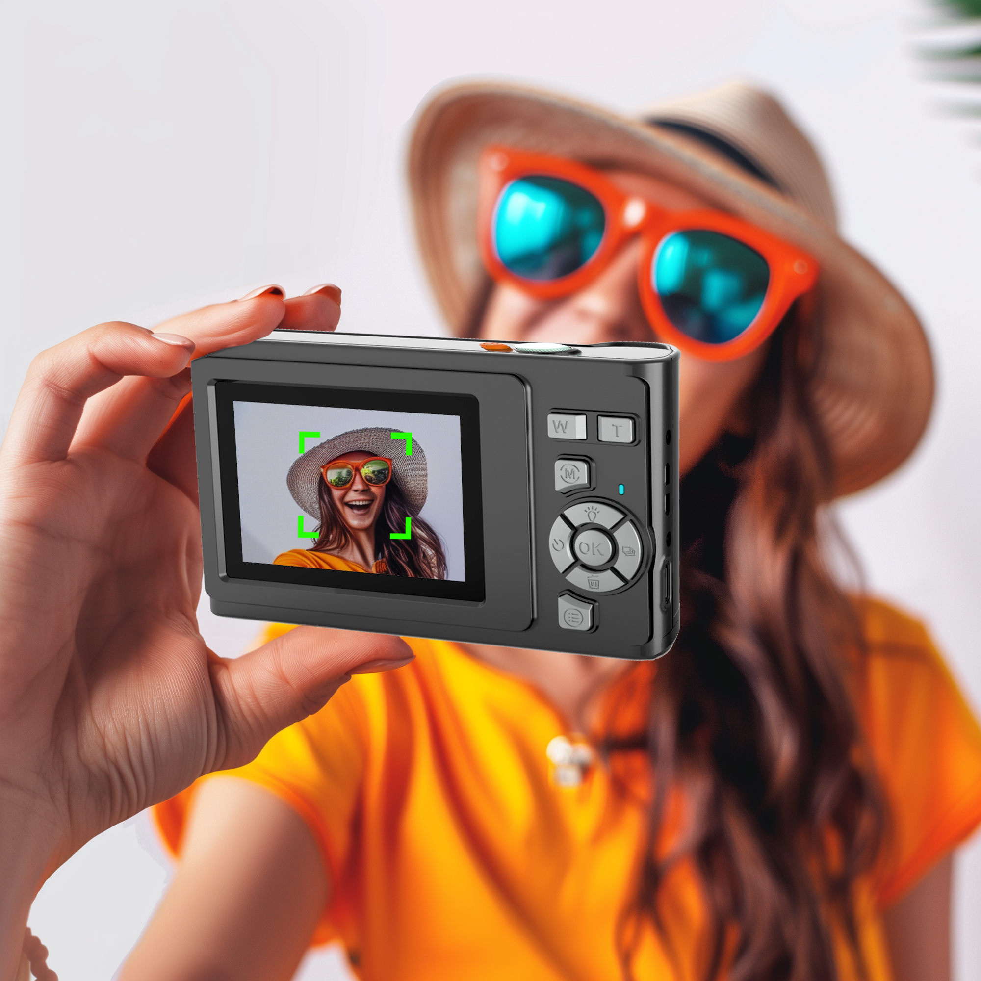 Een vrouw die een camera vasthoudt en een foto van zichzelf maakt. Ze draagt een zonnebril en een strohoed.