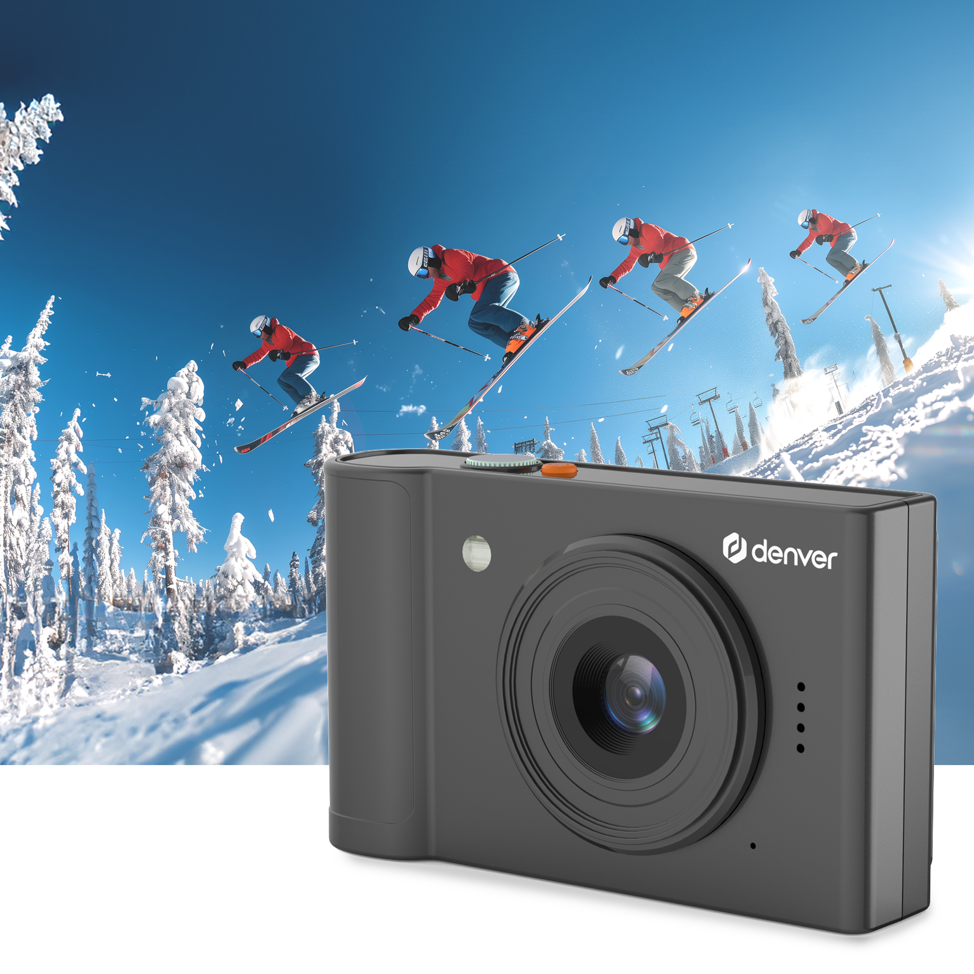 Een camera voor een besneeuwde berglandschap met skiërs in actie.