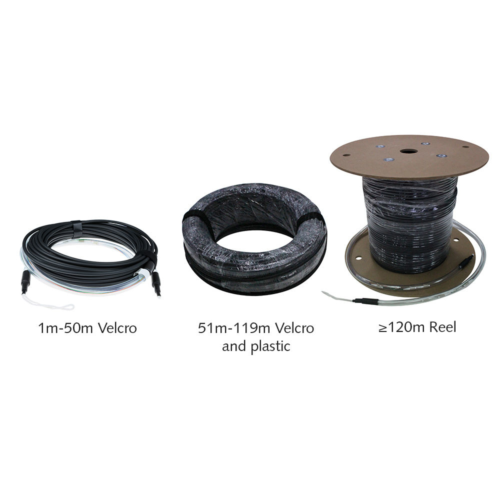 Drei schwarze Kabel, eines aufgerollt, eines gerade, eines auf einer Rolle. Beschriftet mit 1m-50m, 51-119m, und ≥120m.