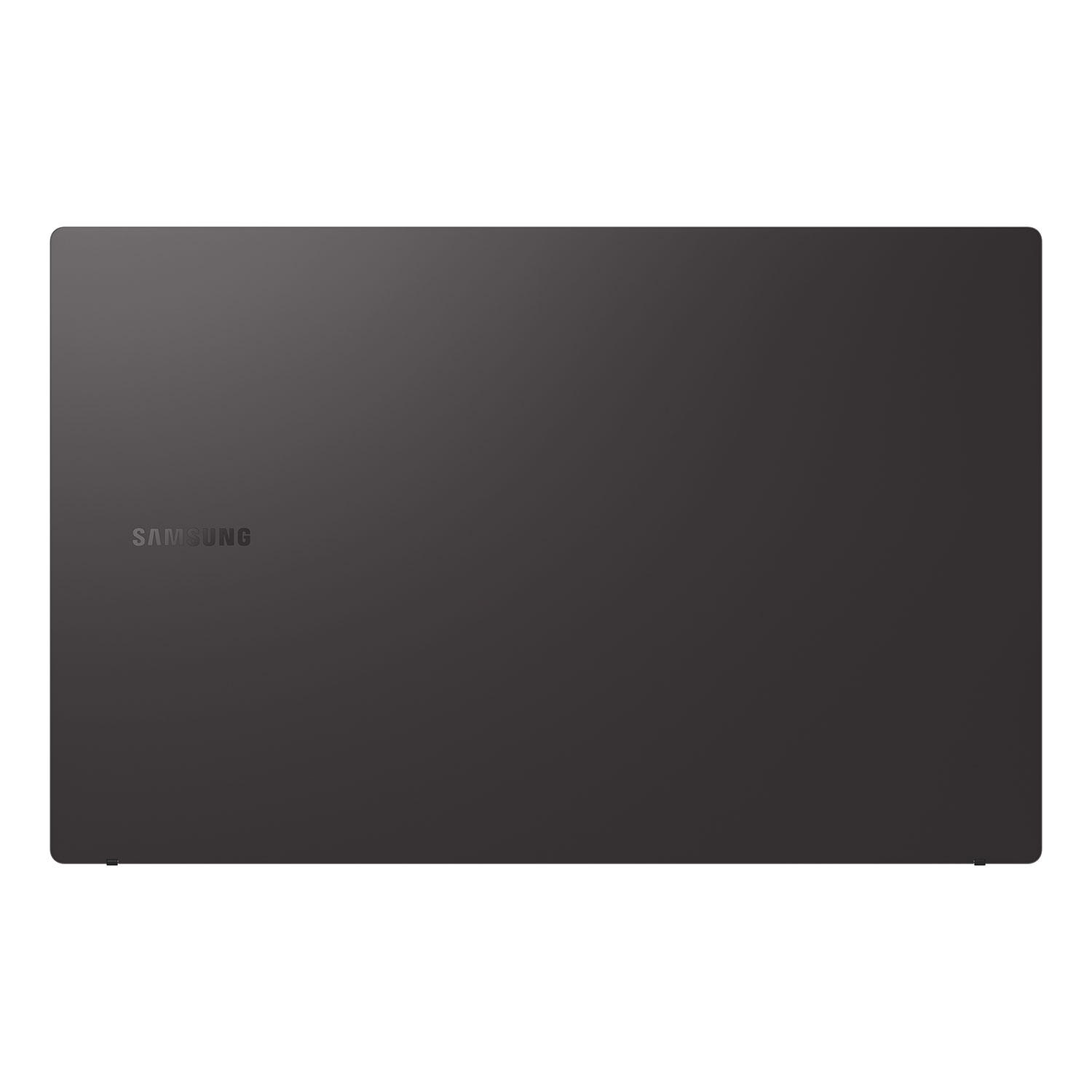 Ein schwarzer Laptop mit dem Samsung-Logo auf einem dunkelgrauen Hintergrund.