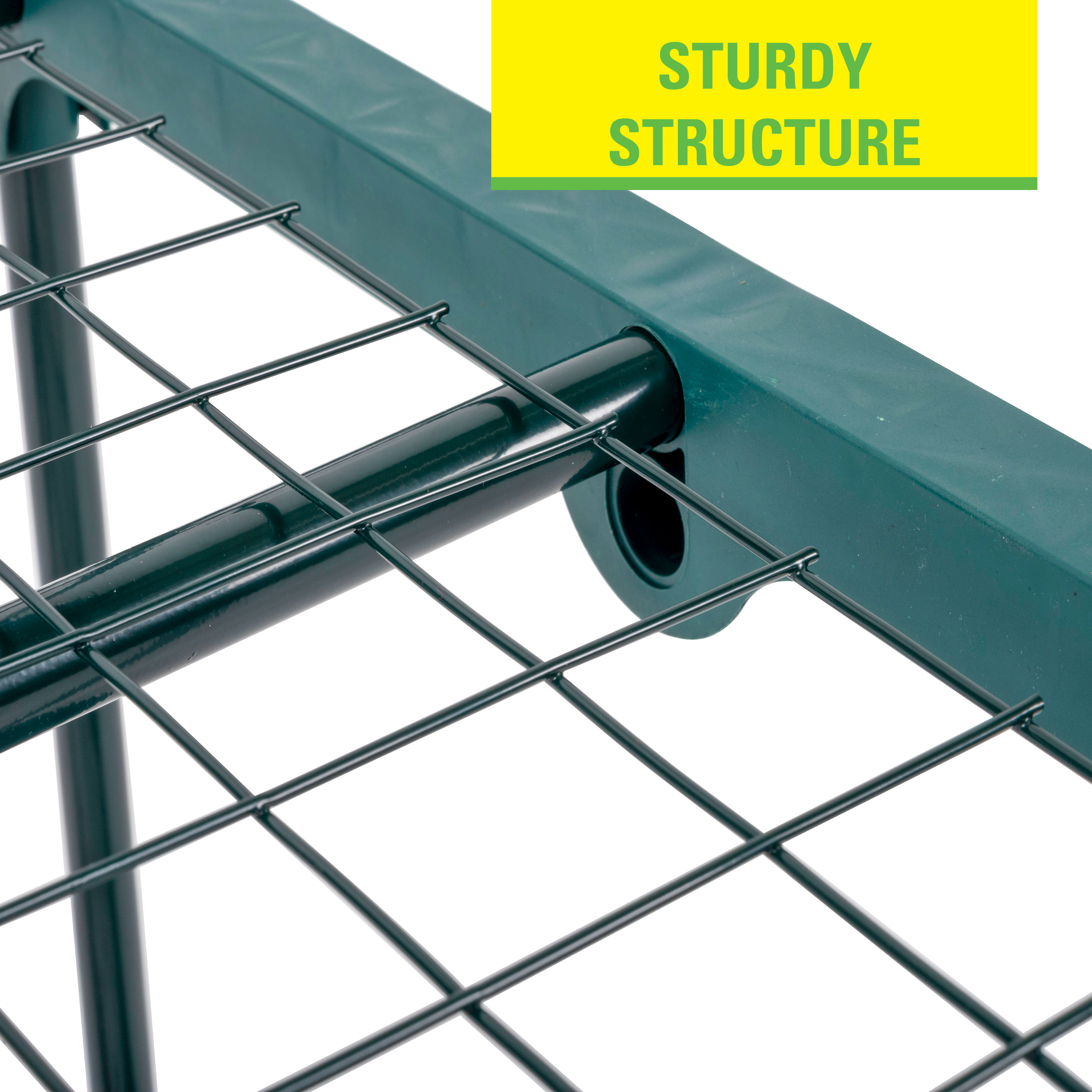 Close-up van een groene metalen tuinconstructie. De tekst "Sturdy Structure" is overlay.