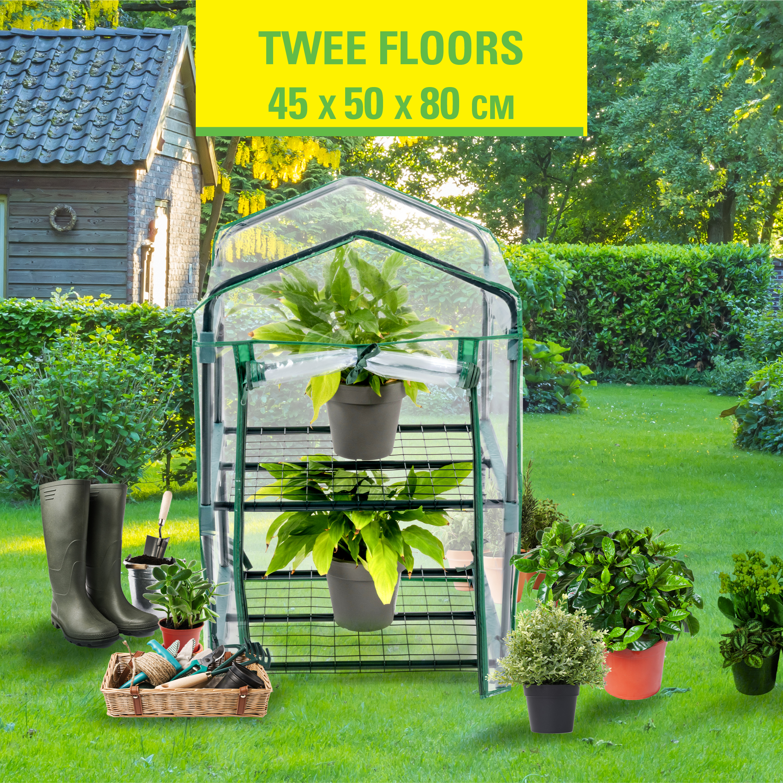 Kas met twee planken met planten. Tekst overlay: "Two Floors 45 x 50 x 80 cm".