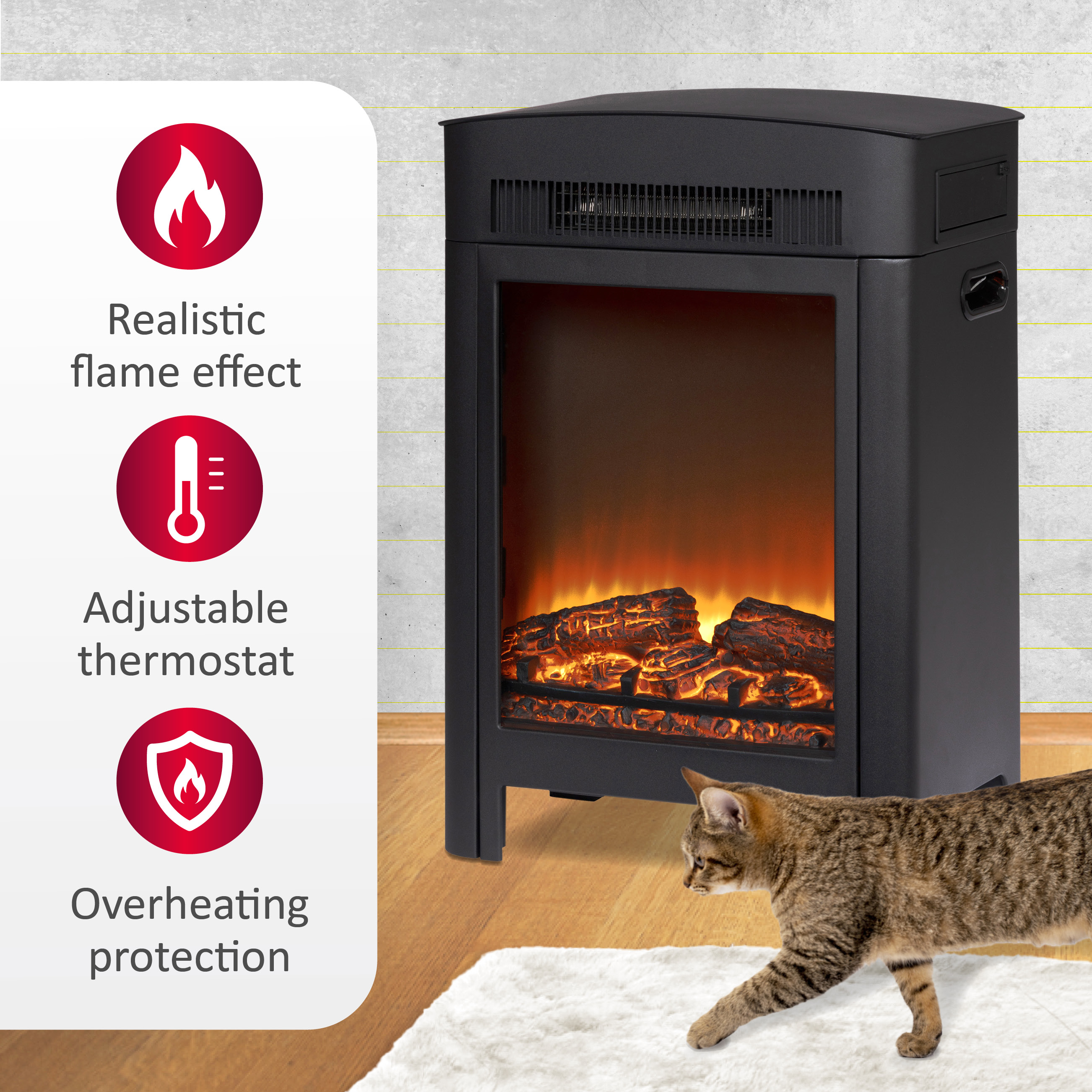 Zwarte elektrische haard met vlameffect, kat op wit tapijt, infographics.