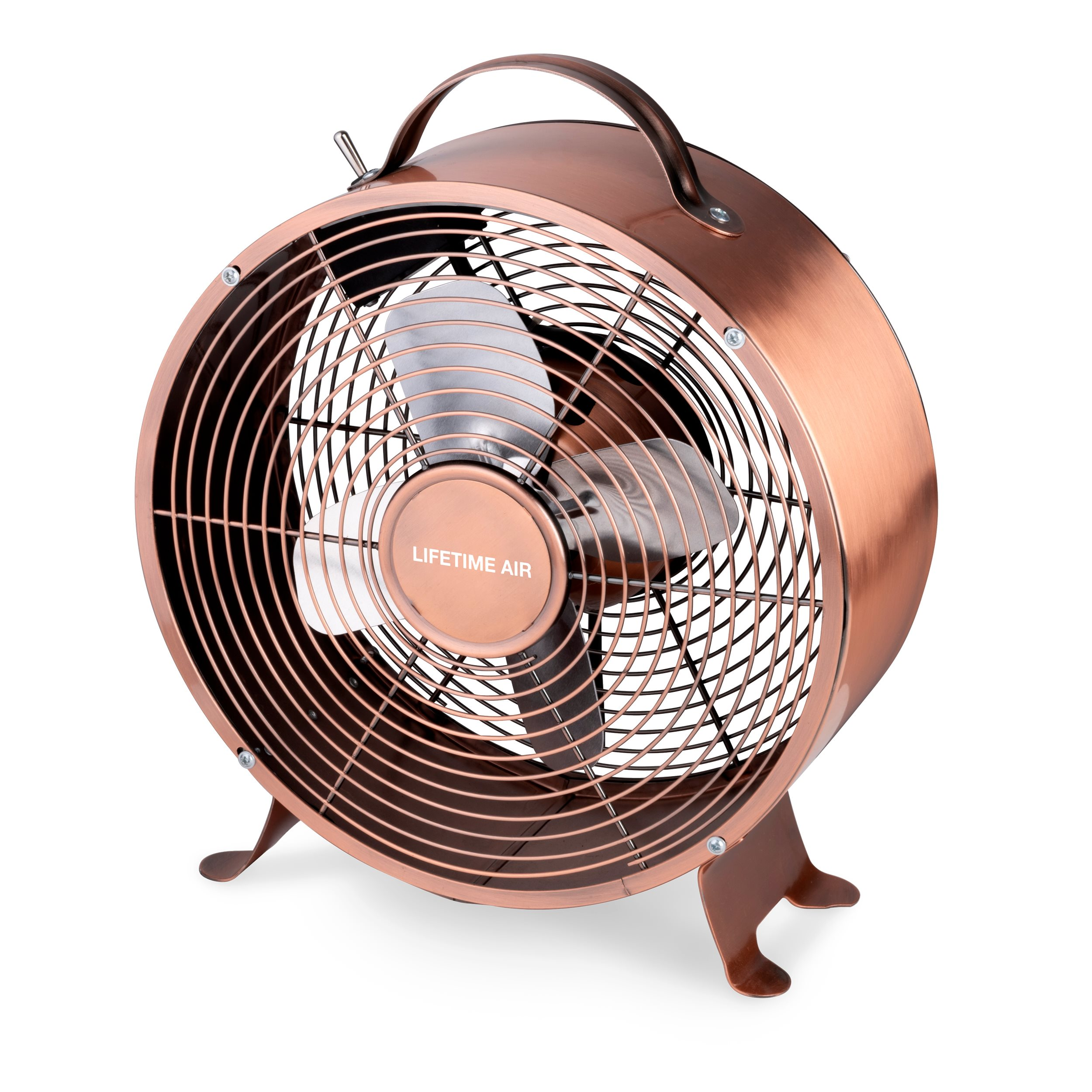 Ein kupferfarbener Ventilator mit Griff und kreisförmigem Design.