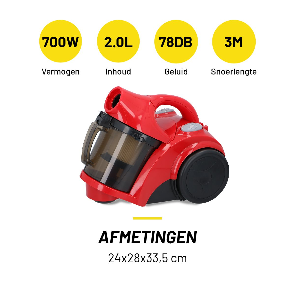 Roter Staubsauger mit gelben Infoblasen auf weißem Hintergrund.