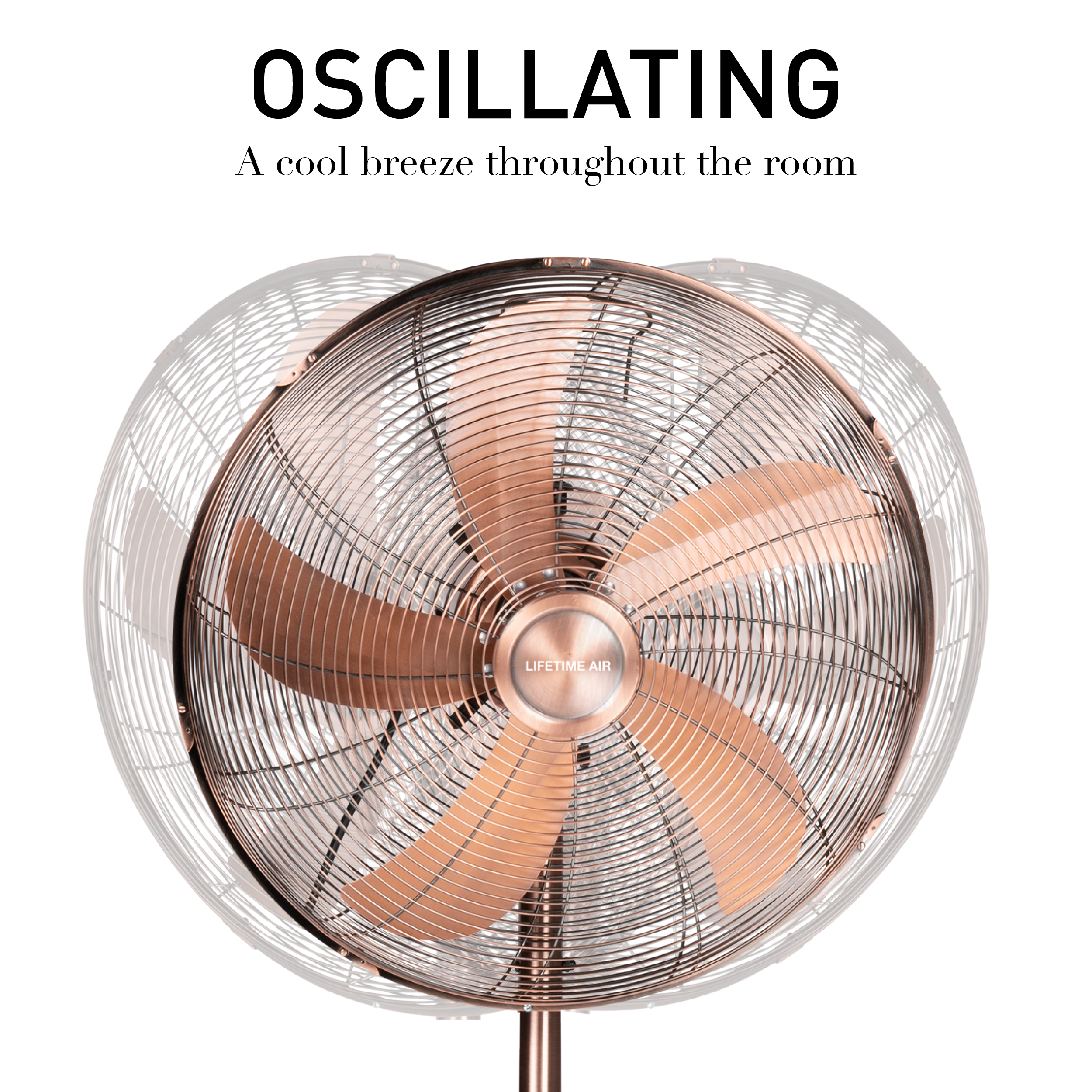 Ventilateur oscillant avec finition or rose, isolé sur fond blanc.
