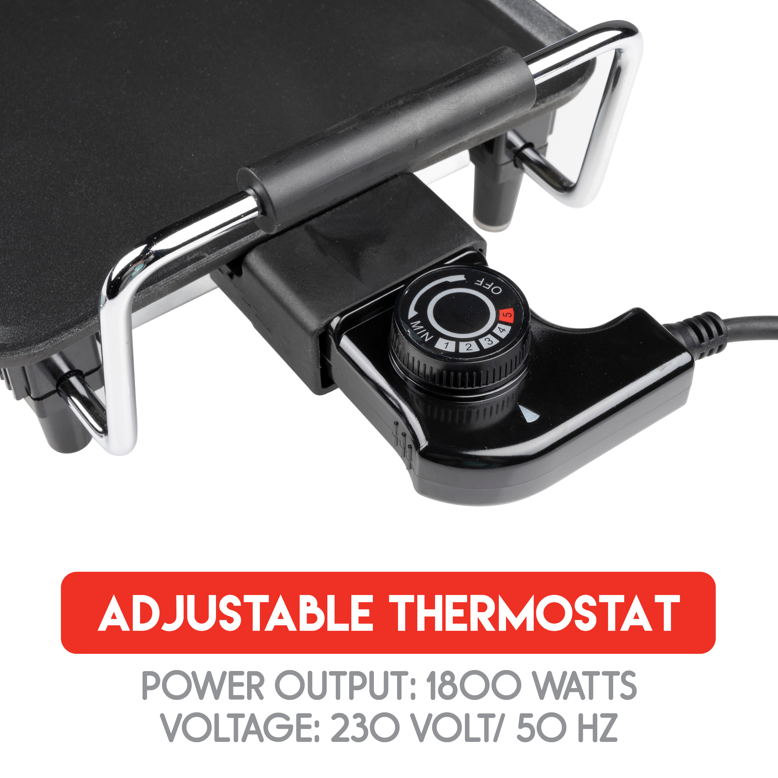 Adjustable thermostat on a black appliance. Text: ADJUSTABLE THERMOSTAT, POWER OUTPUT: 1800 WATTS, VOLTAGE: 230 VOLT/ 50 HZ.
