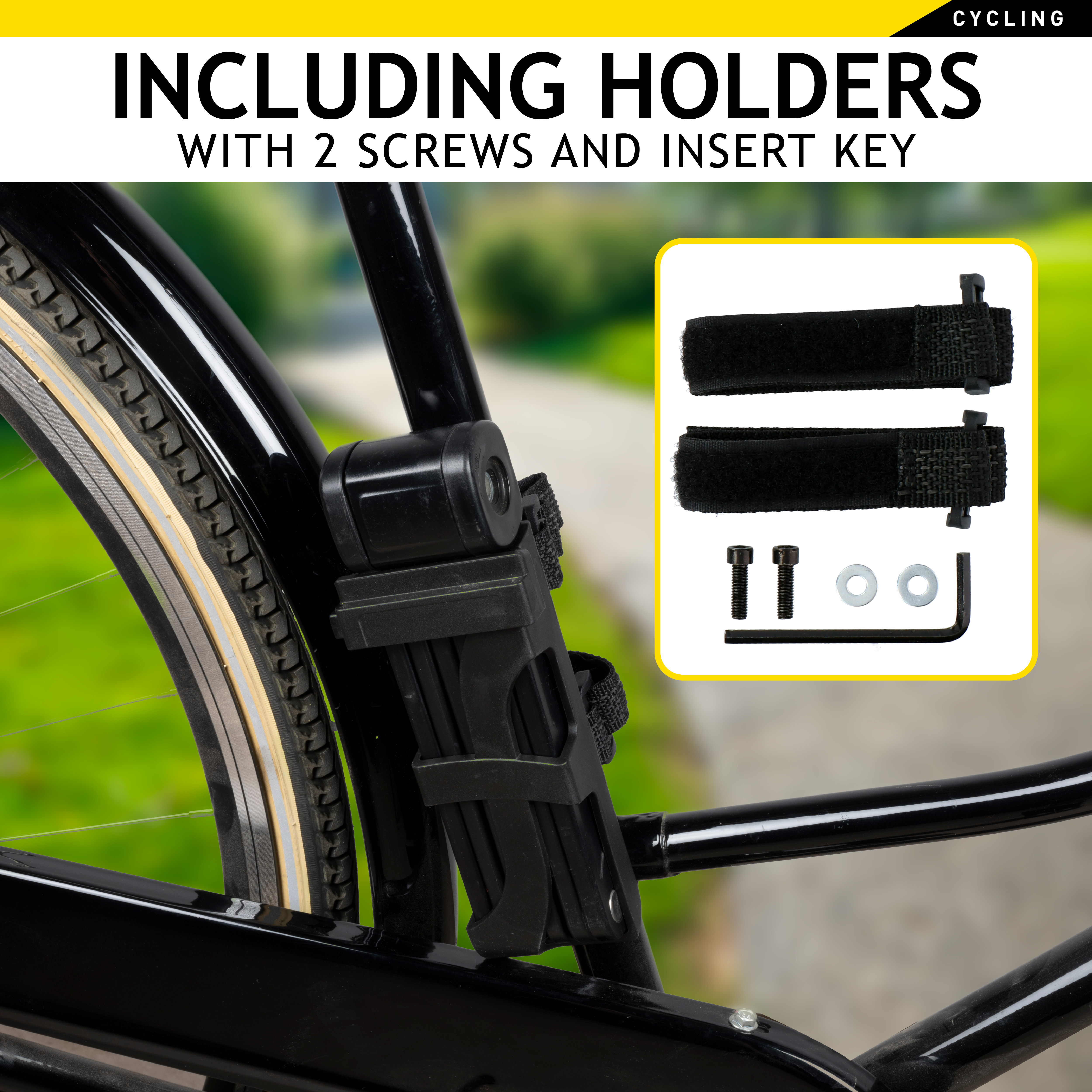 Zwart fietsslot gemonteerd op een fietsframe, met accessoires en tekst: INCLUSIEF HOUDERS.