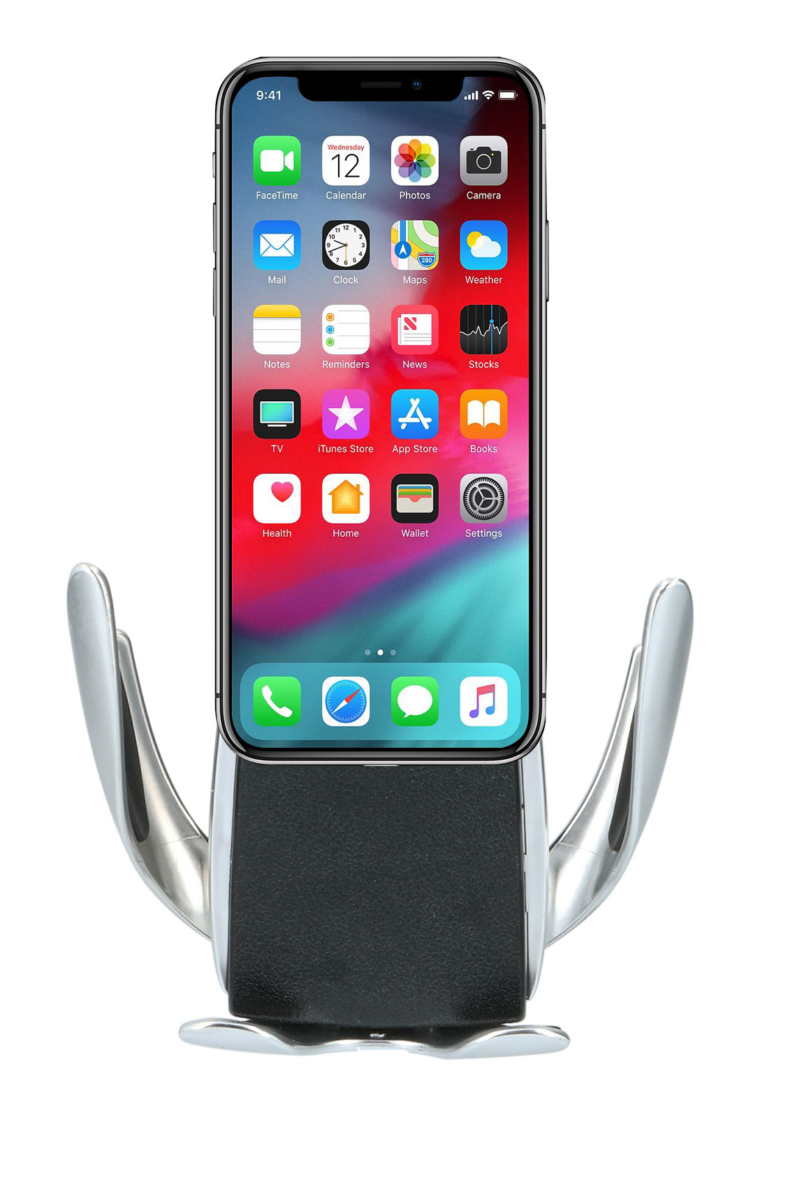 Zilveren telefoonhouder met telefoon waarop app-pictogrammen worden weergegeven. Zwarte basis.