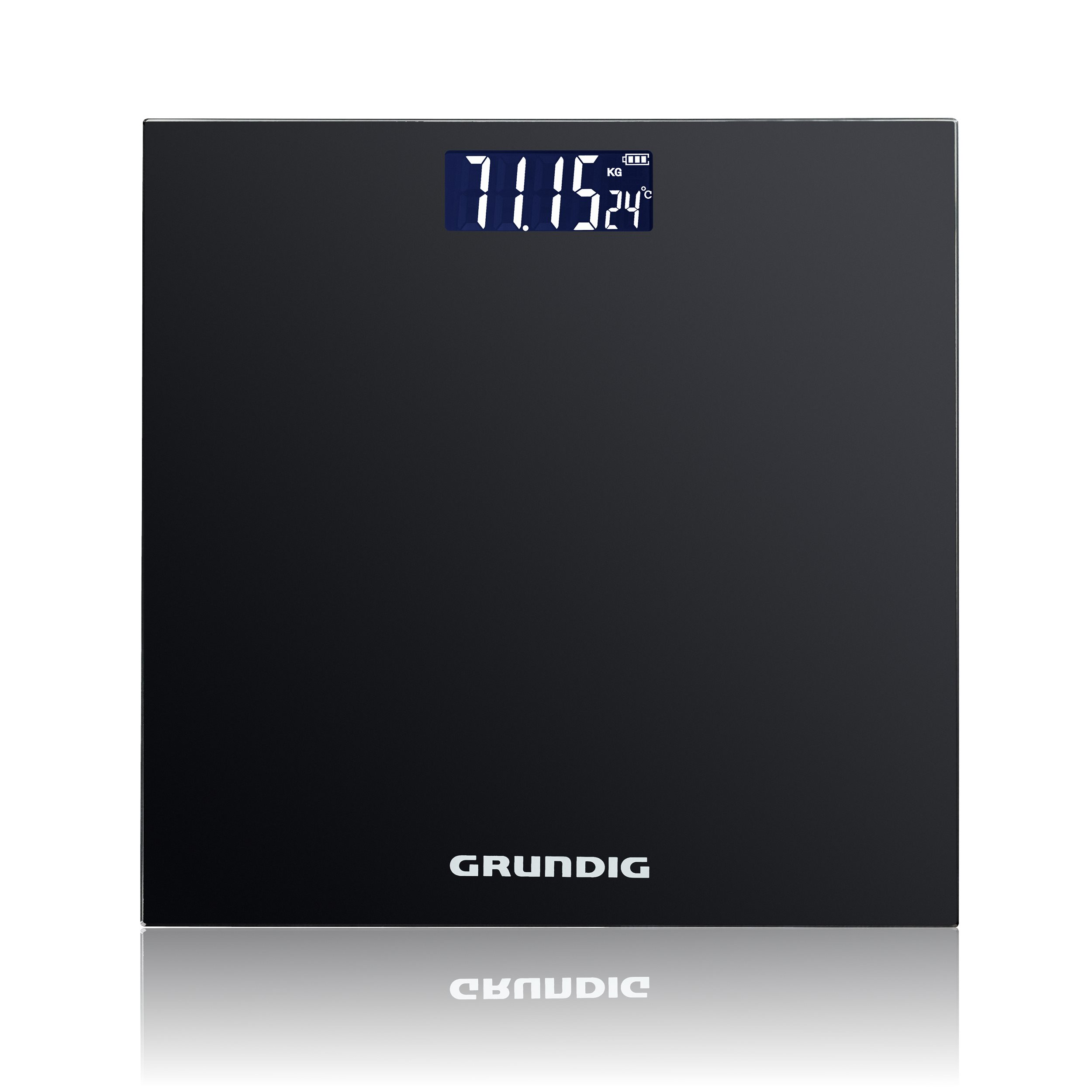 Zwarte, vierkante Grundig weegschaal met digitale display voor gewicht en temperatuur.