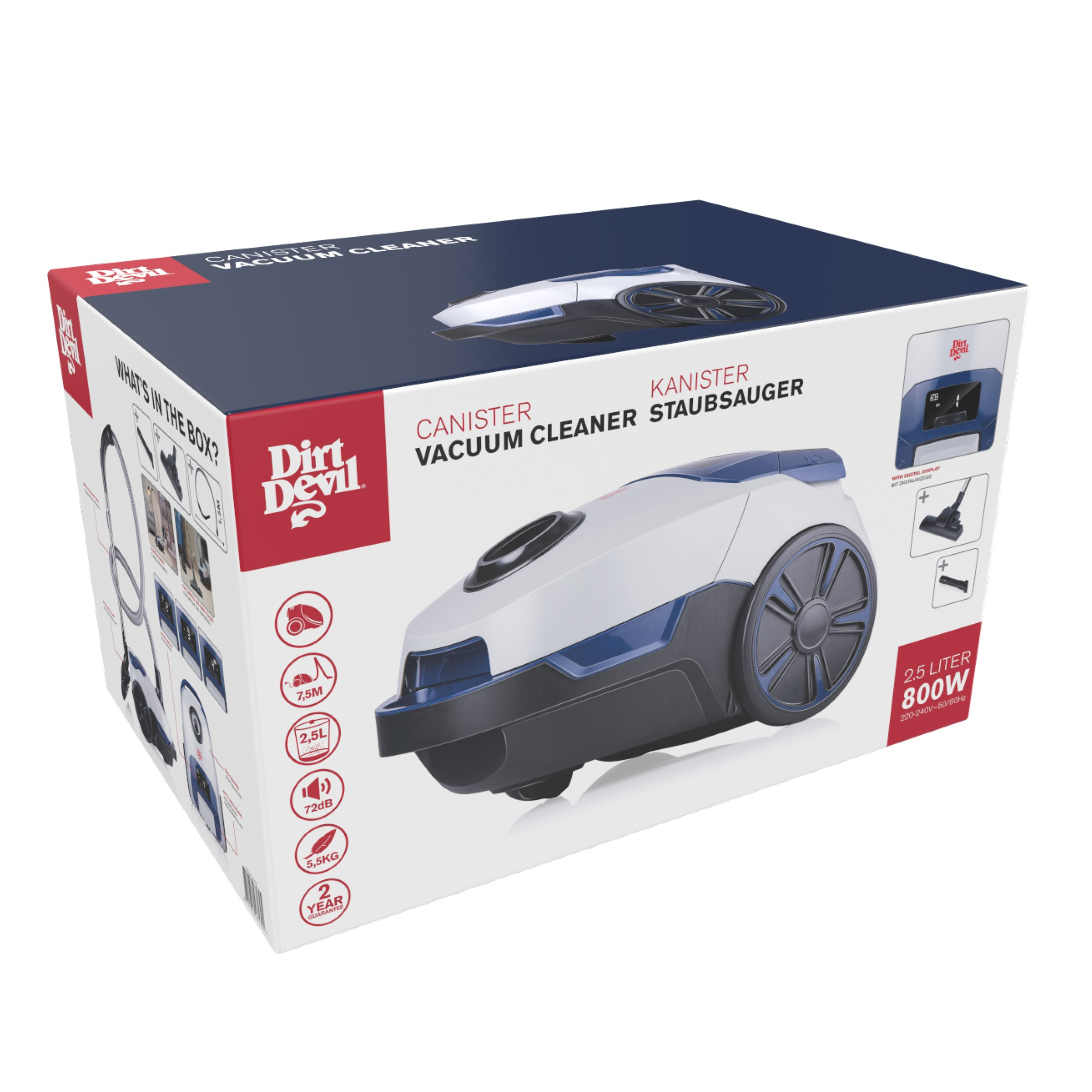 Doos van een stofzuiger, met productdetails en afbeeldingen.