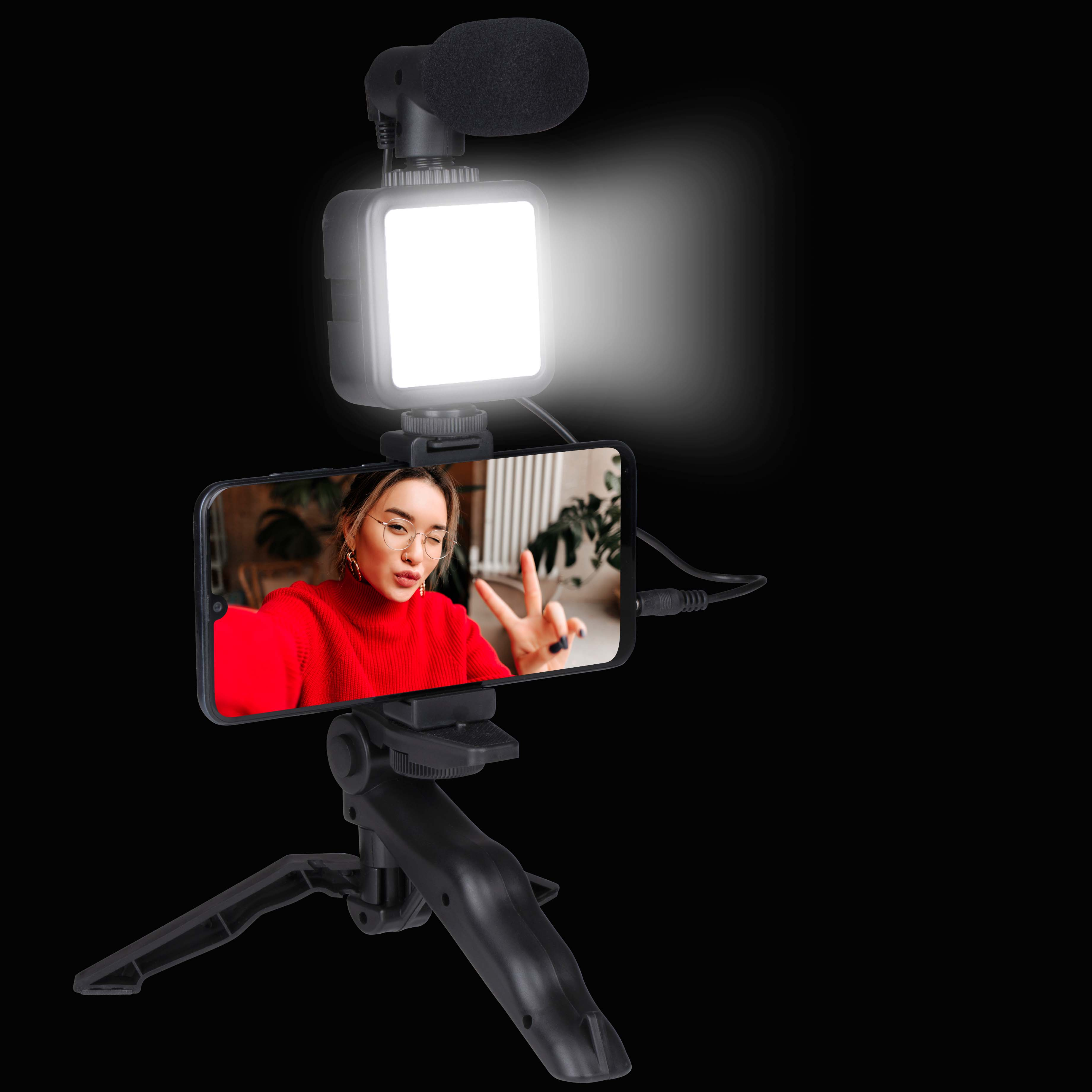 Smartphone on a tripod with a light and microphone. A woman is on the phone screen.