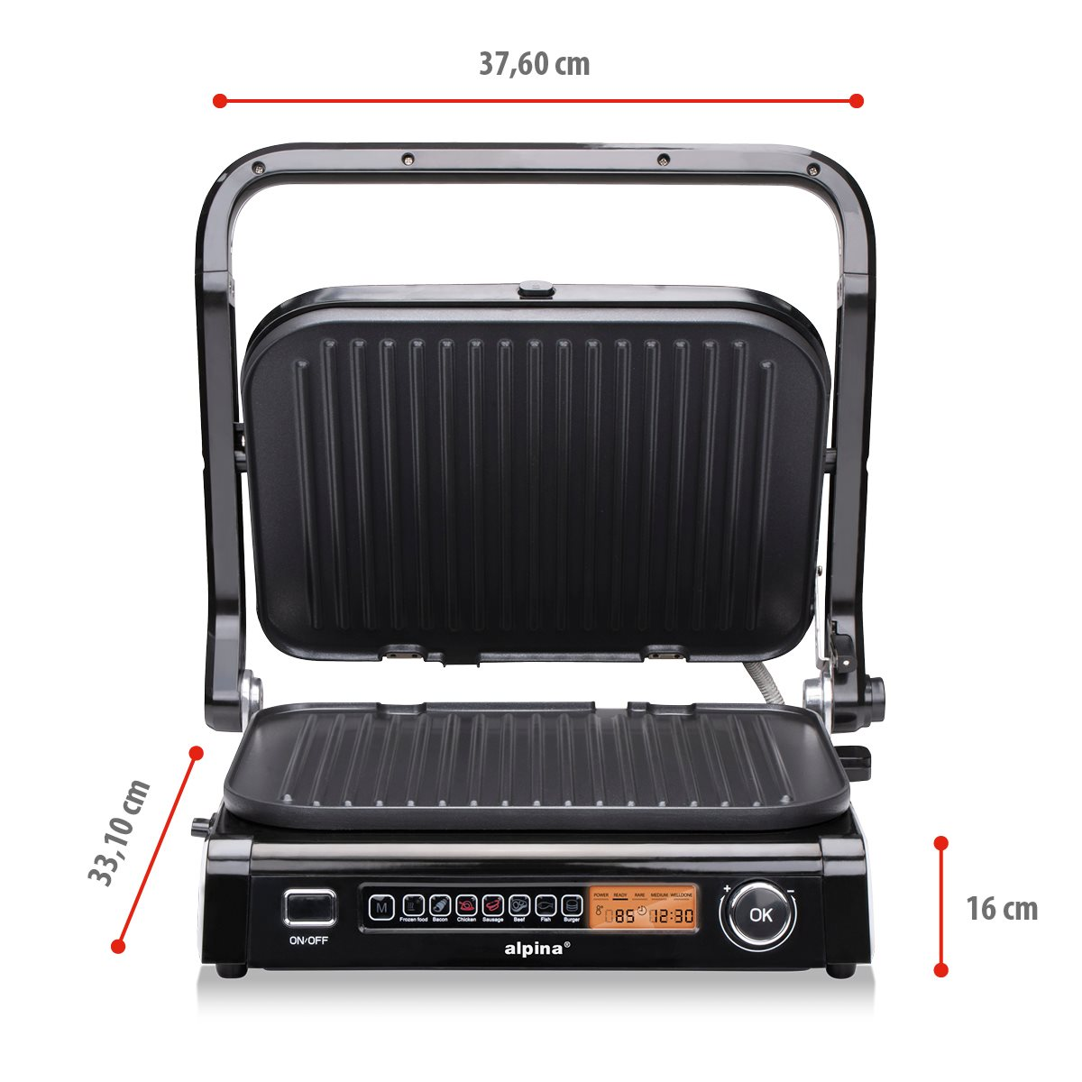 Black electric grill with dimensions shown, ready for use.