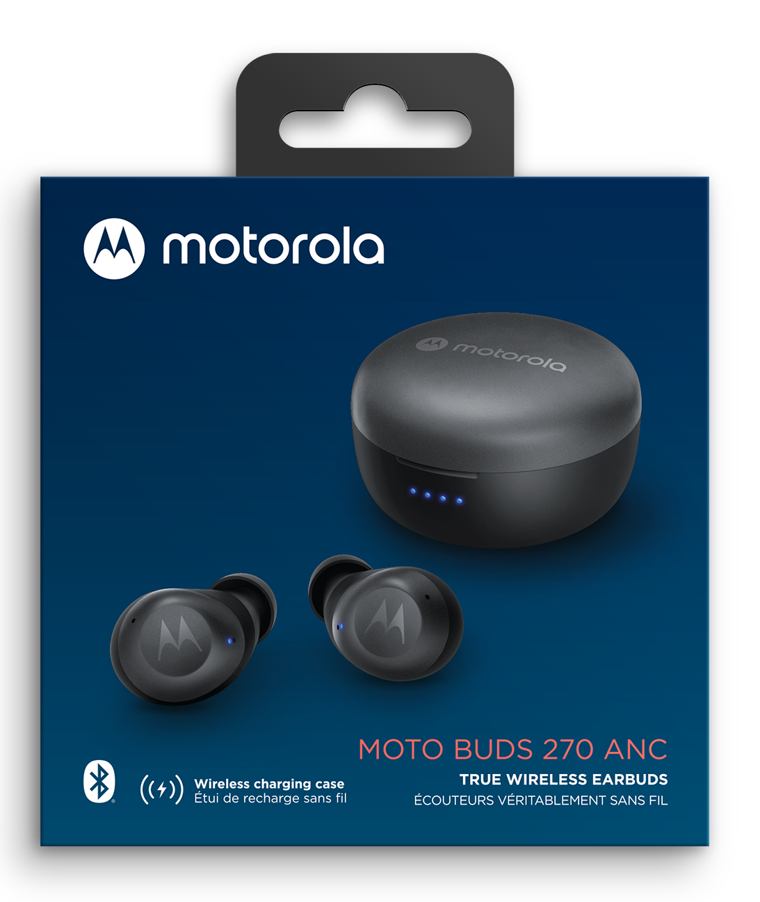 Caja de auriculares inalámbricos Motorola con auriculares y estuche de carga inalámbrica. El fondo es azul oscuro.