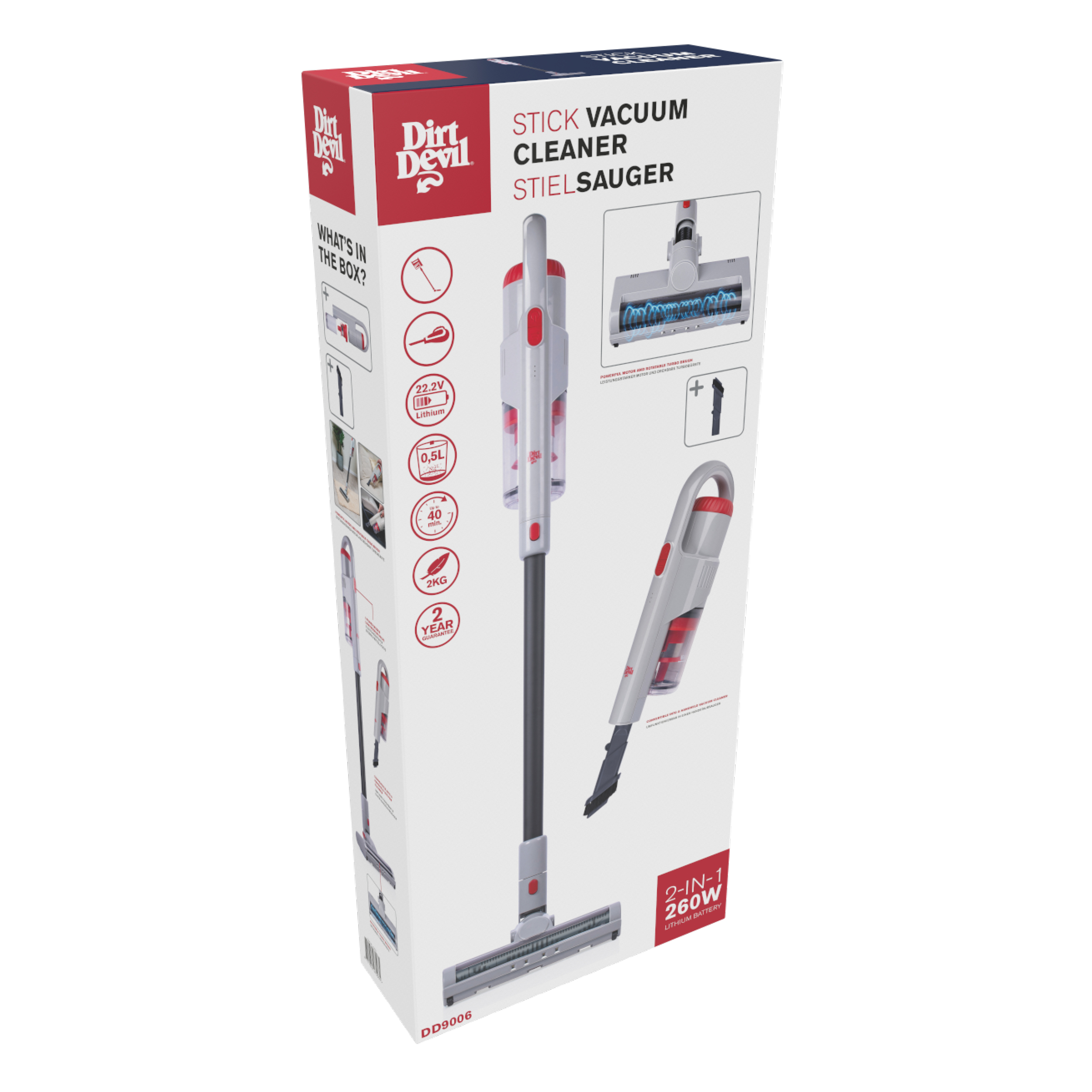 A stick vacuum cleaner box, with images of the vacuum, parts list, and text descriptions.