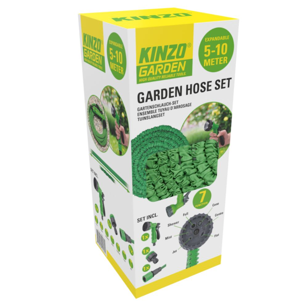 Tuinslangset doos met gereedschap en groene haspel, op een witte achtergrond.