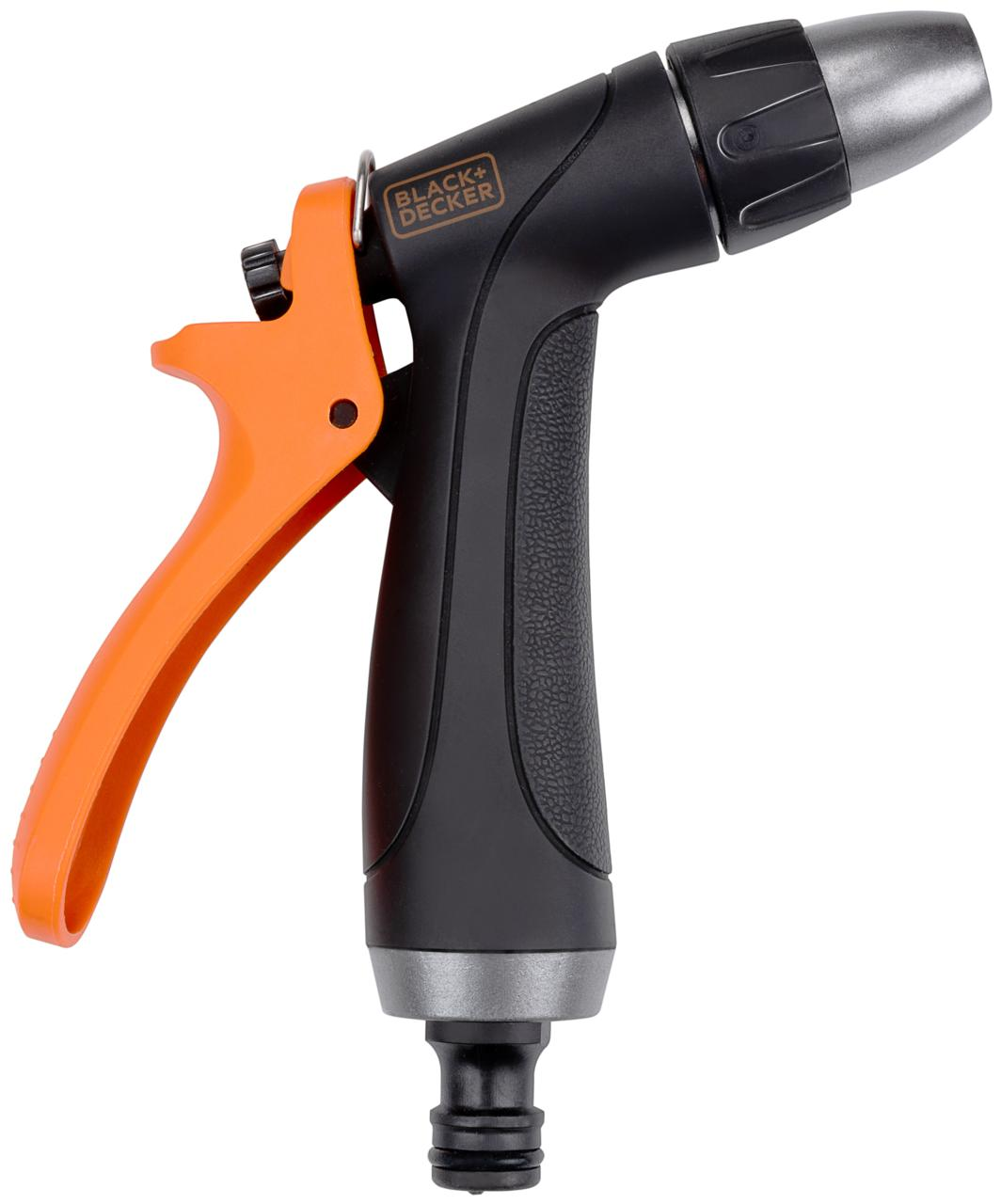Zwarte en oranje BLACK+DECKER tuinslangsproeier. Het heeft een trekker en een verstelbare sproeier.