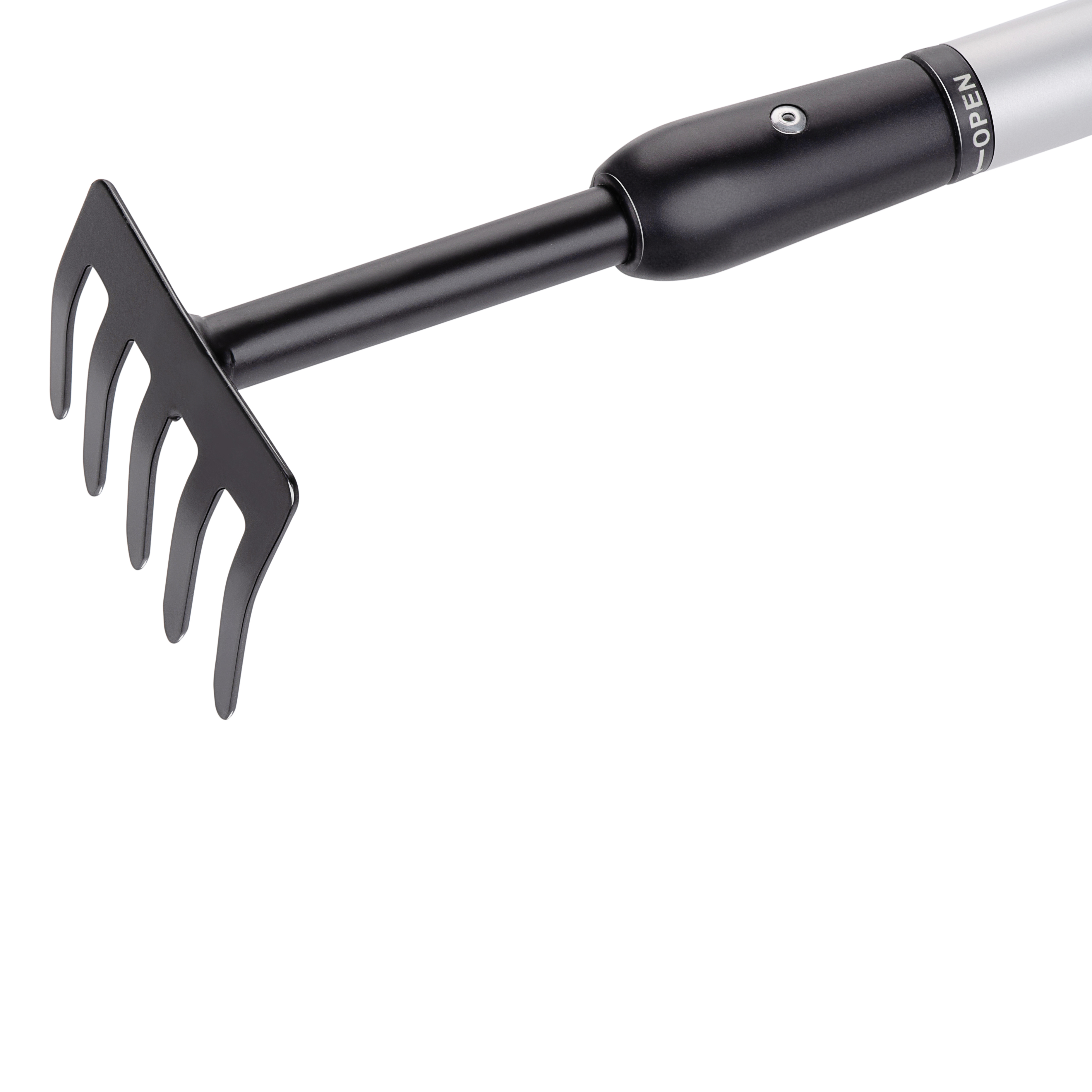Black garden rake on a white background. The rake is angled.